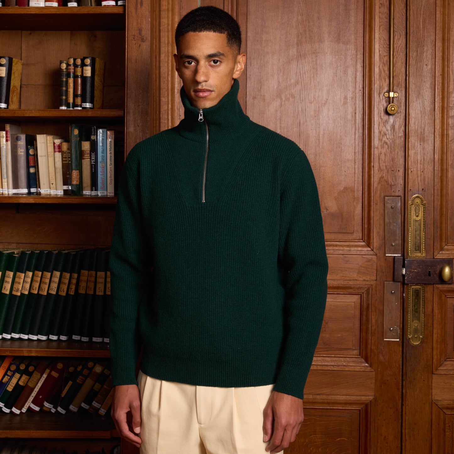 Pine green merino wool trucker sweater