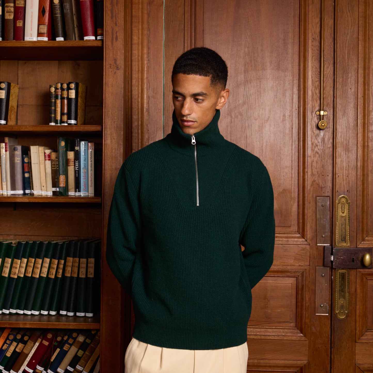 Pine green merino wool trucker sweater