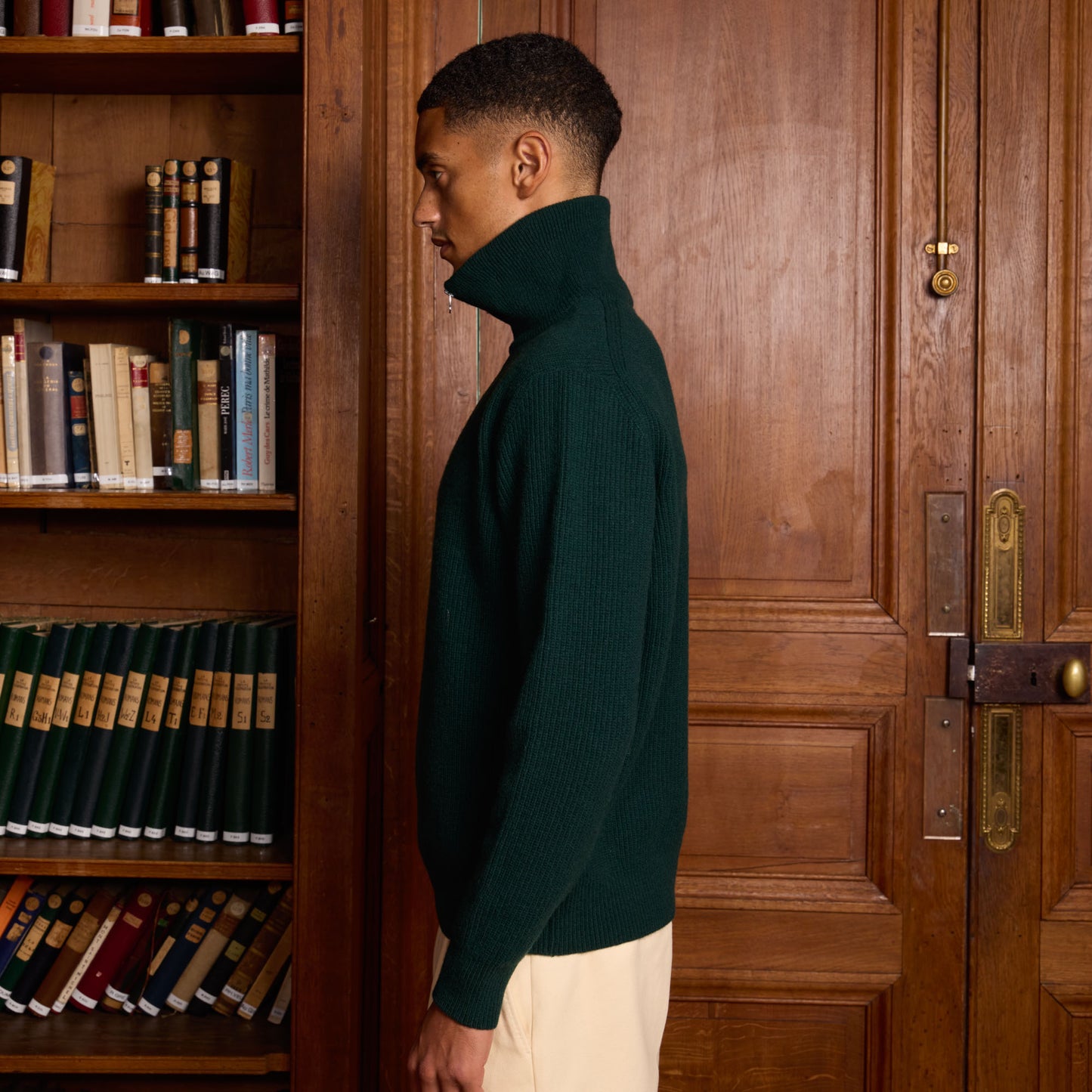 Pine green merino wool trucker sweater