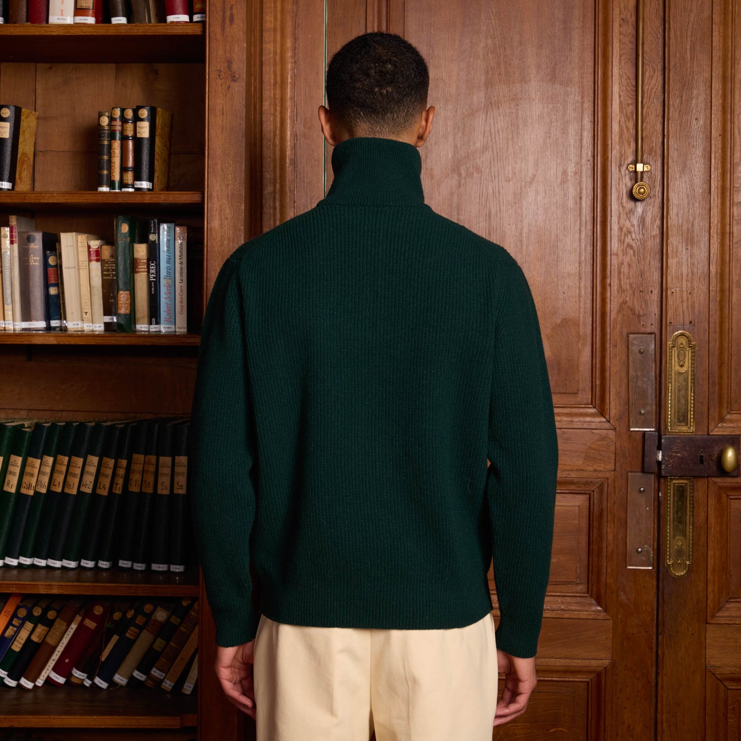 Pine green merino wool trucker sweater