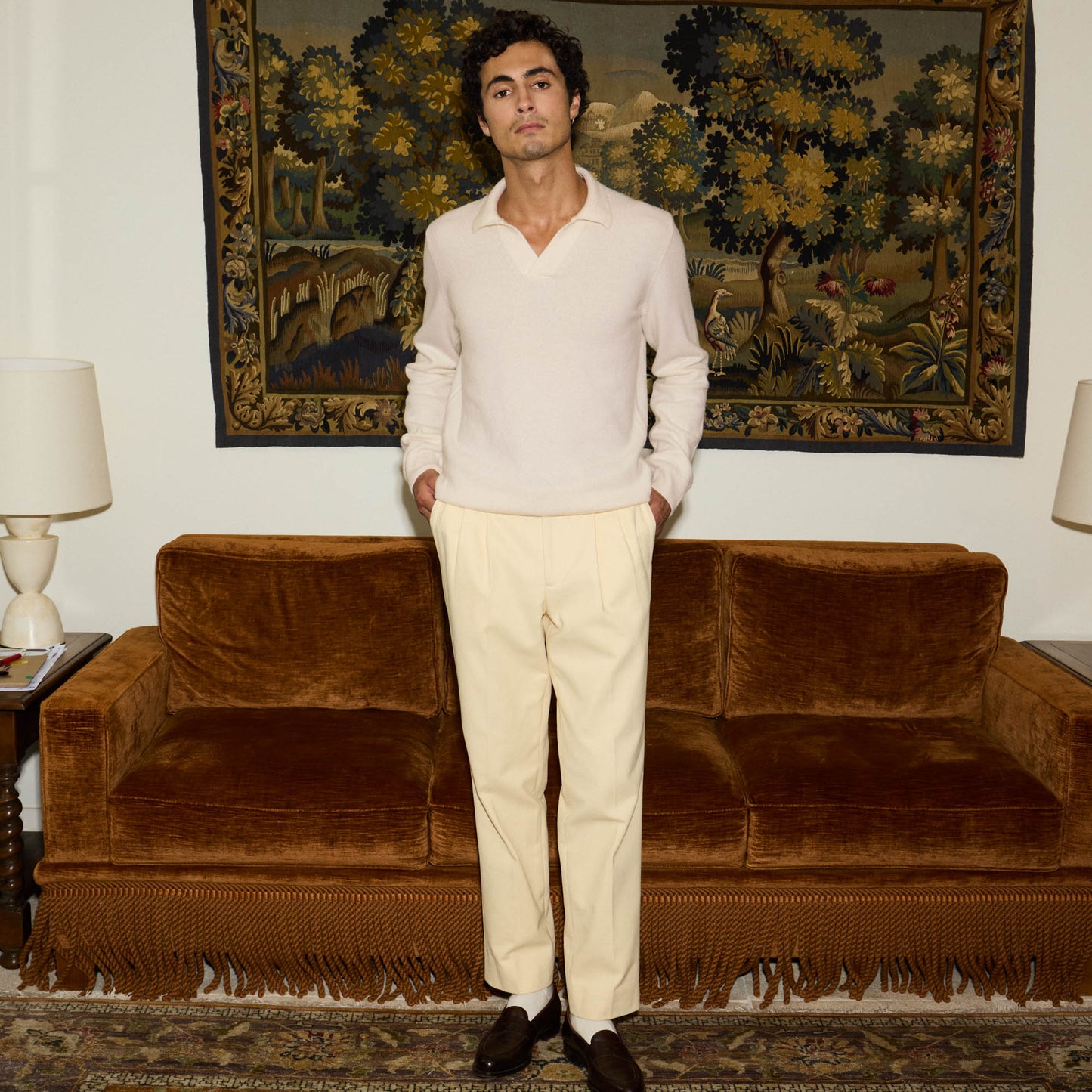 Pull à col polo en laine mérinos écru