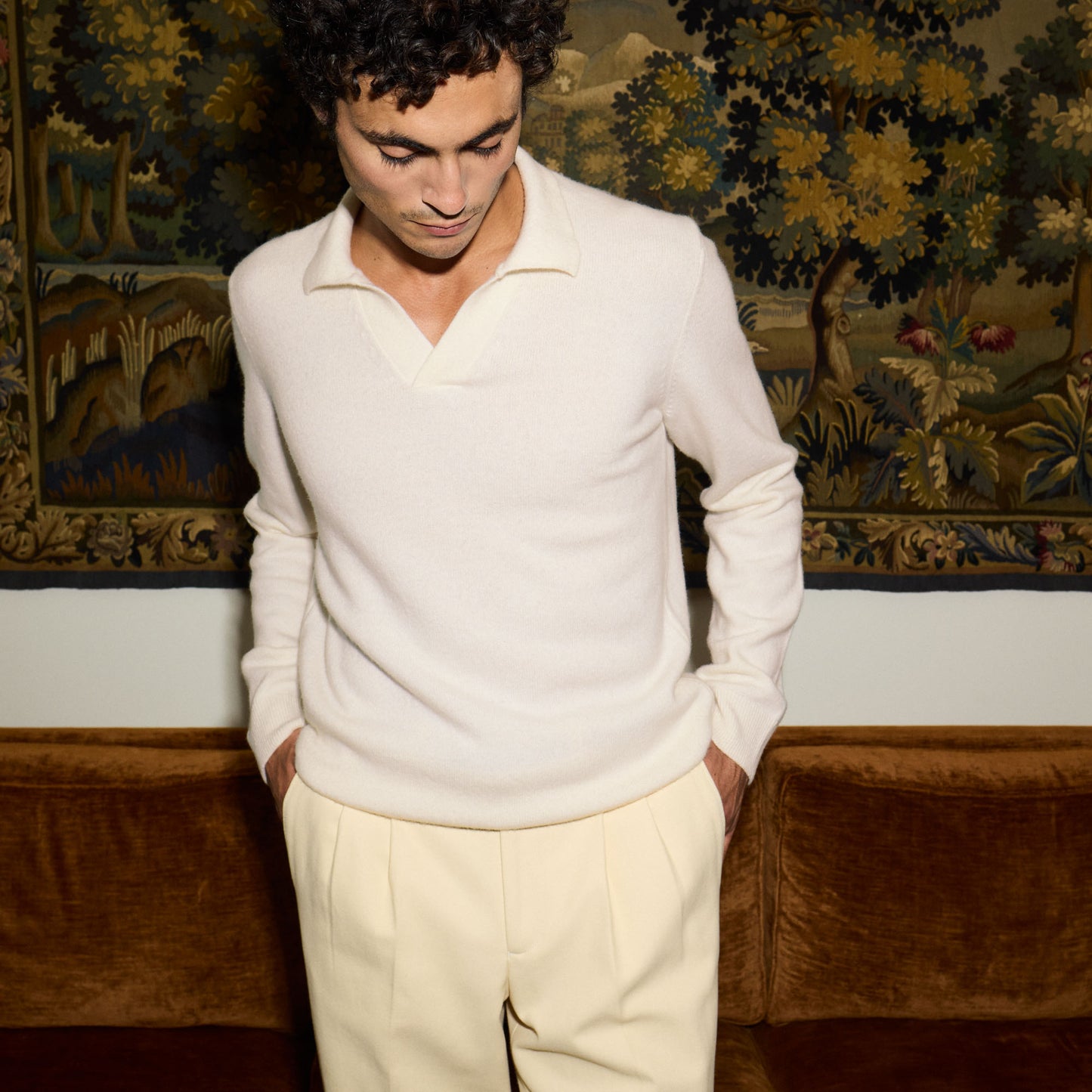 Pull à col polo en laine mérinos écru