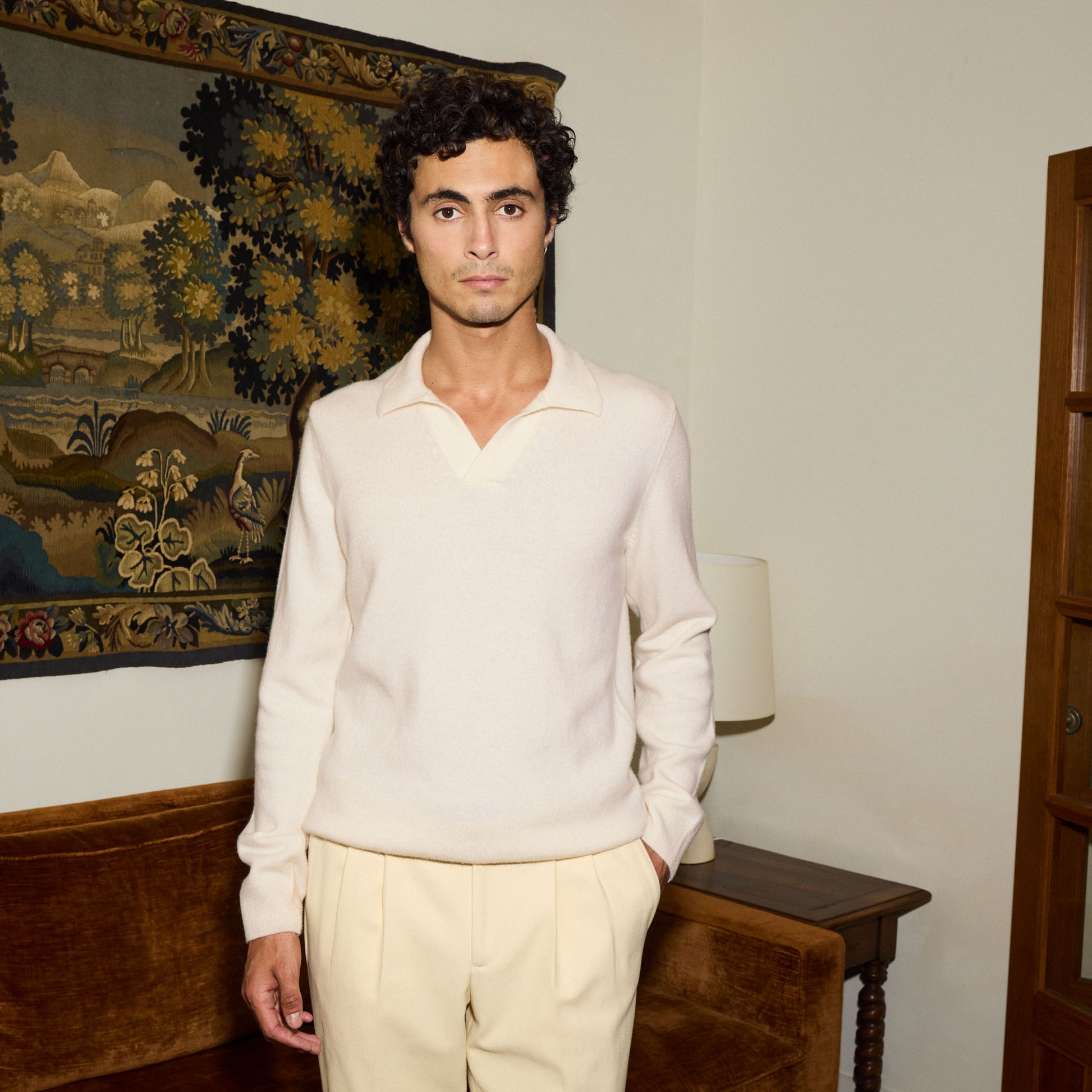 Pull à col polo en laine mérinos écru