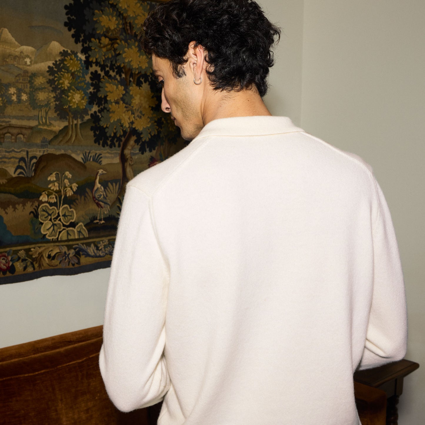 Pull à col polo en laine mérinos écru