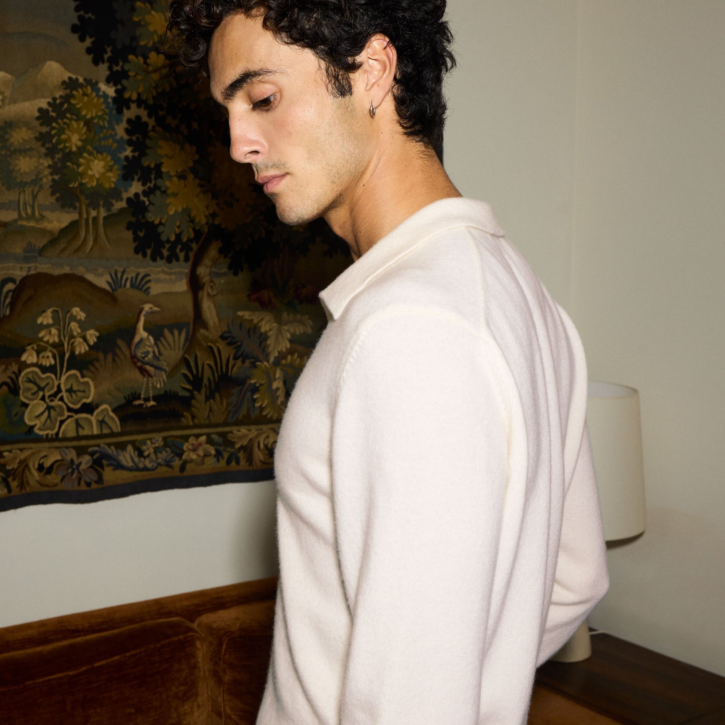 Pull à col polo en laine mérinos écru