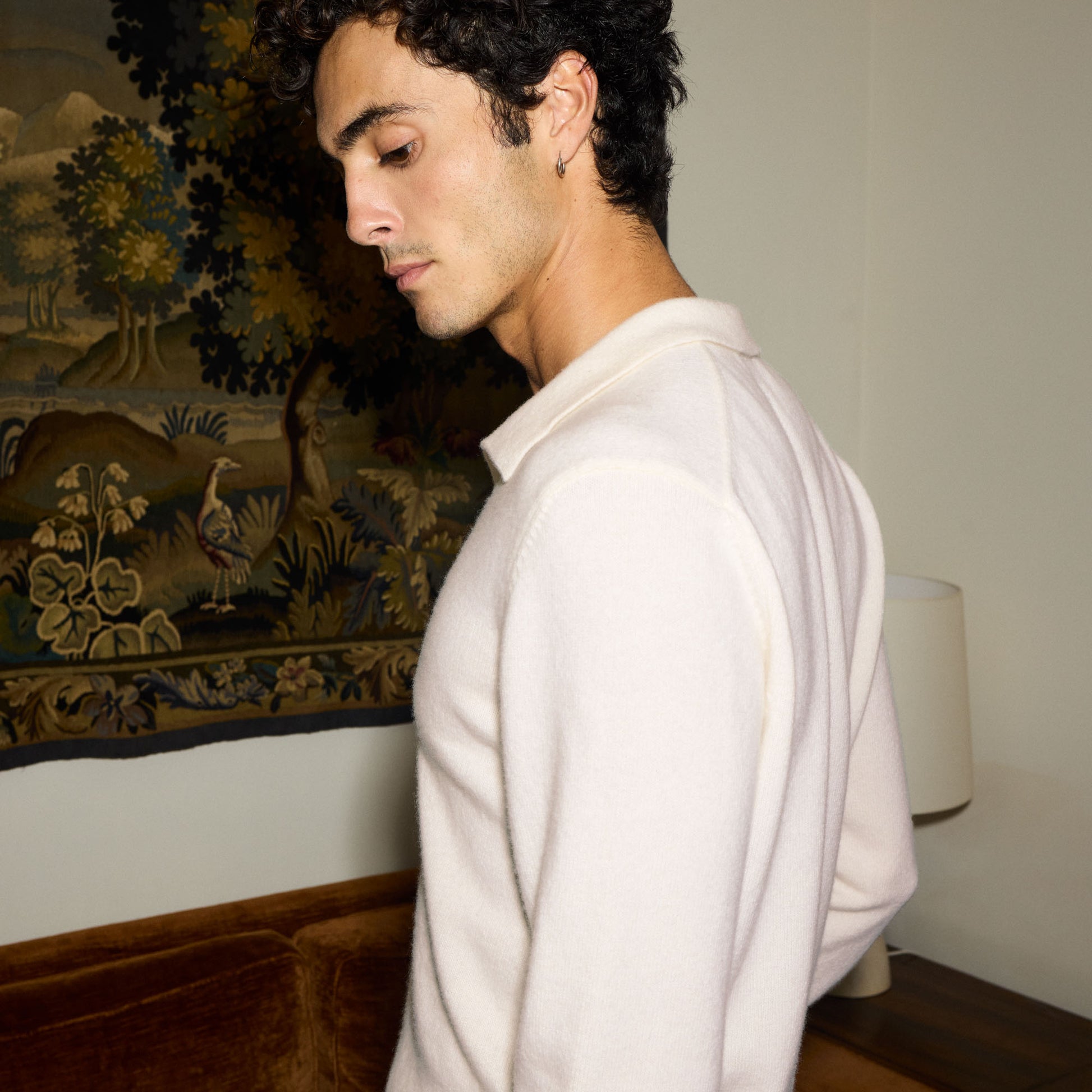 Pull à col polo en laine mérinos écru