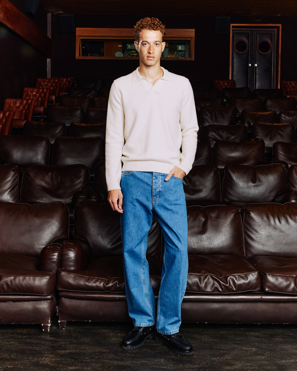 Ecru merino wool jumper with polo shirt collar
