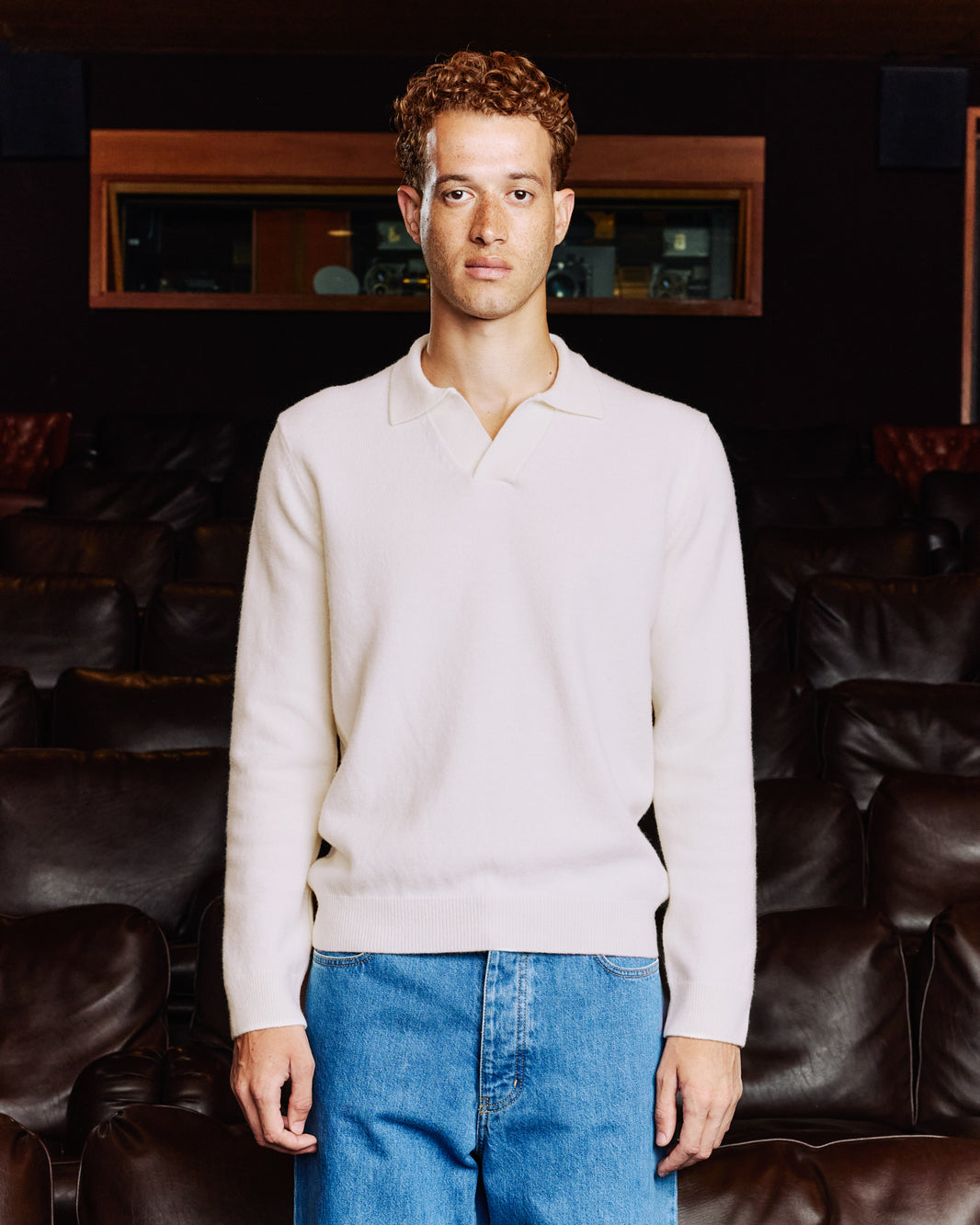 Pull à col polo en laine mérinos écru