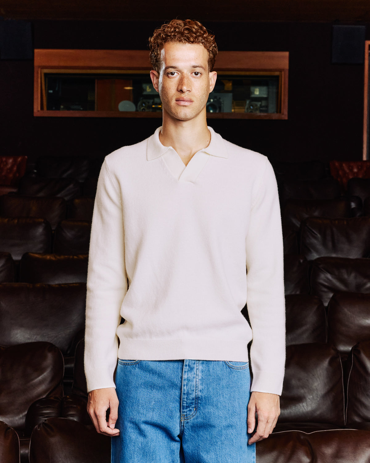 Ecru merino wool jumper with polo shirt collar