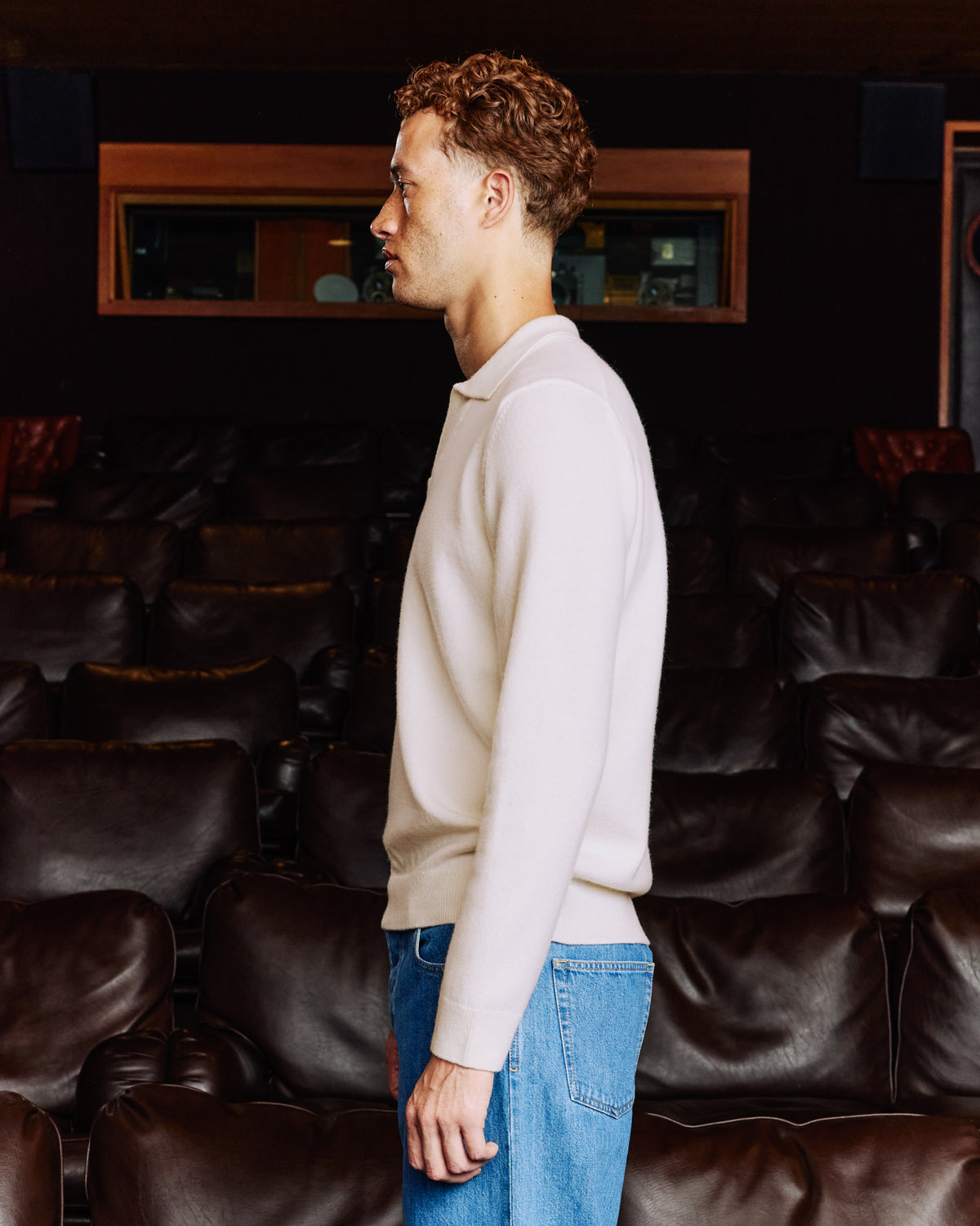 Ecru merino wool jumper with polo shirt collar