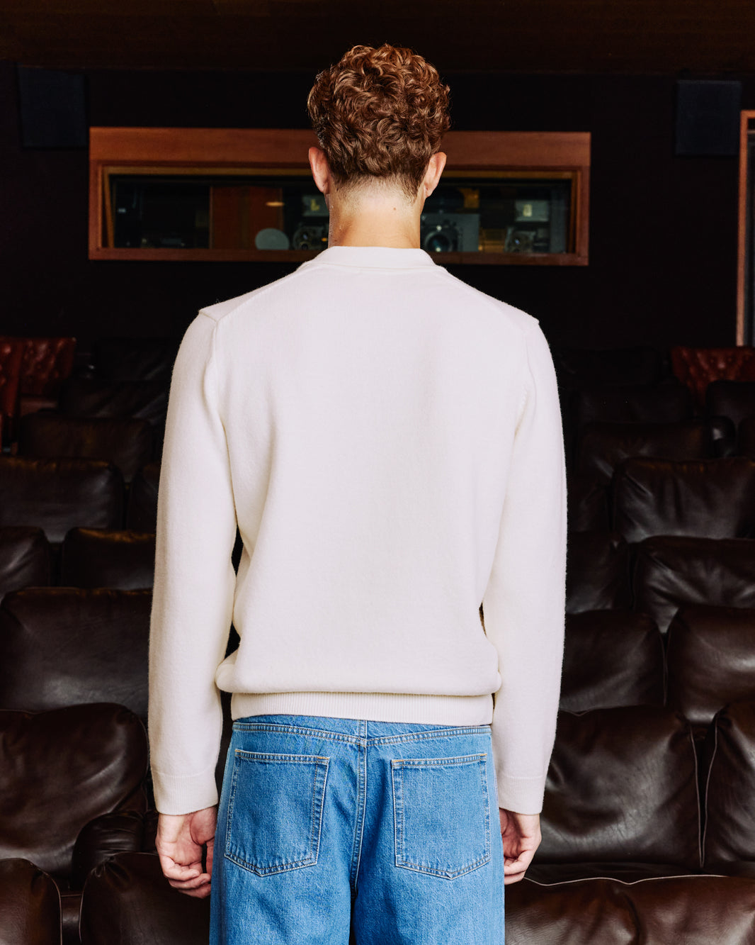 Pull à col polo en laine mérinos écru
