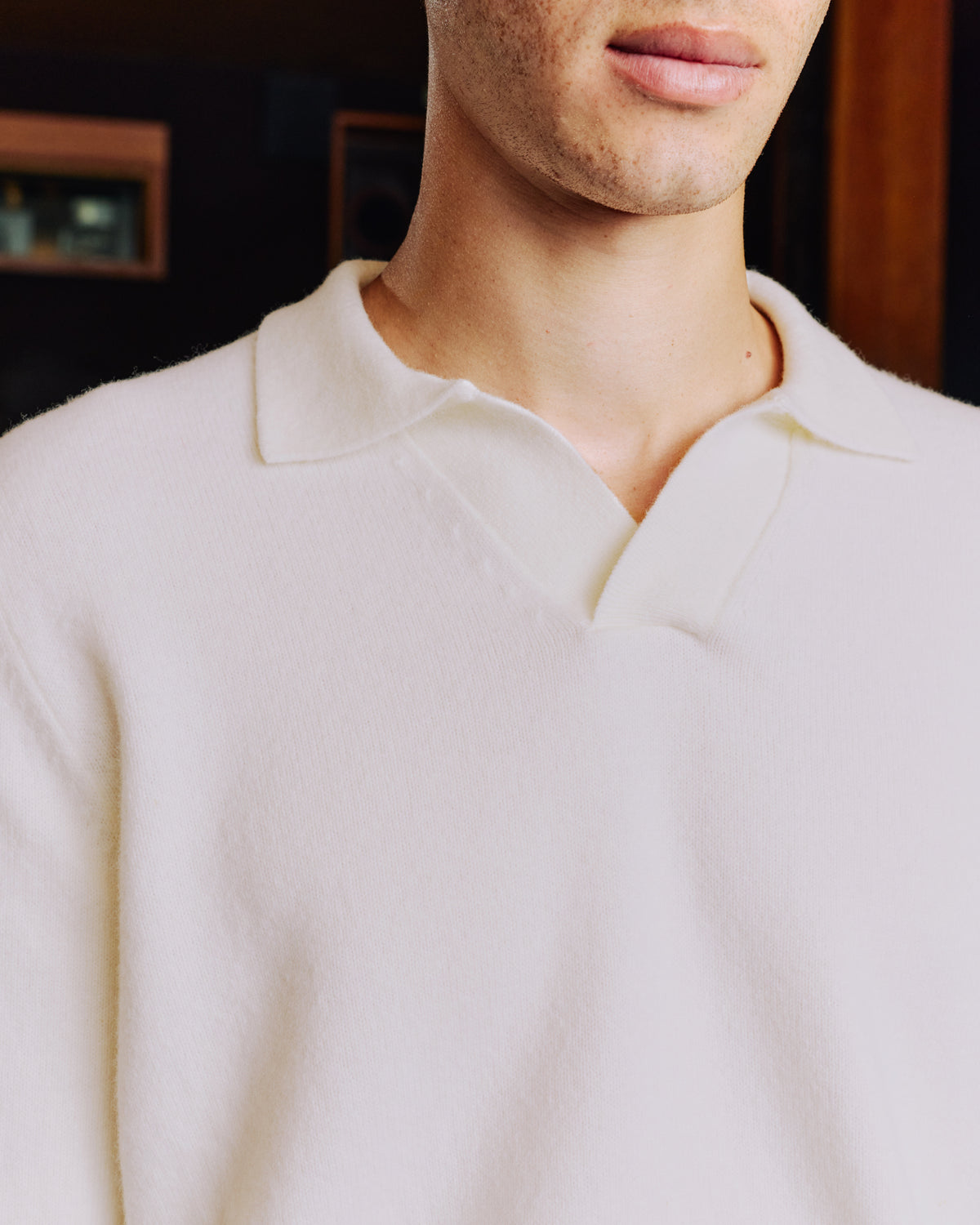 Ecru merino wool jumper with polo shirt collar