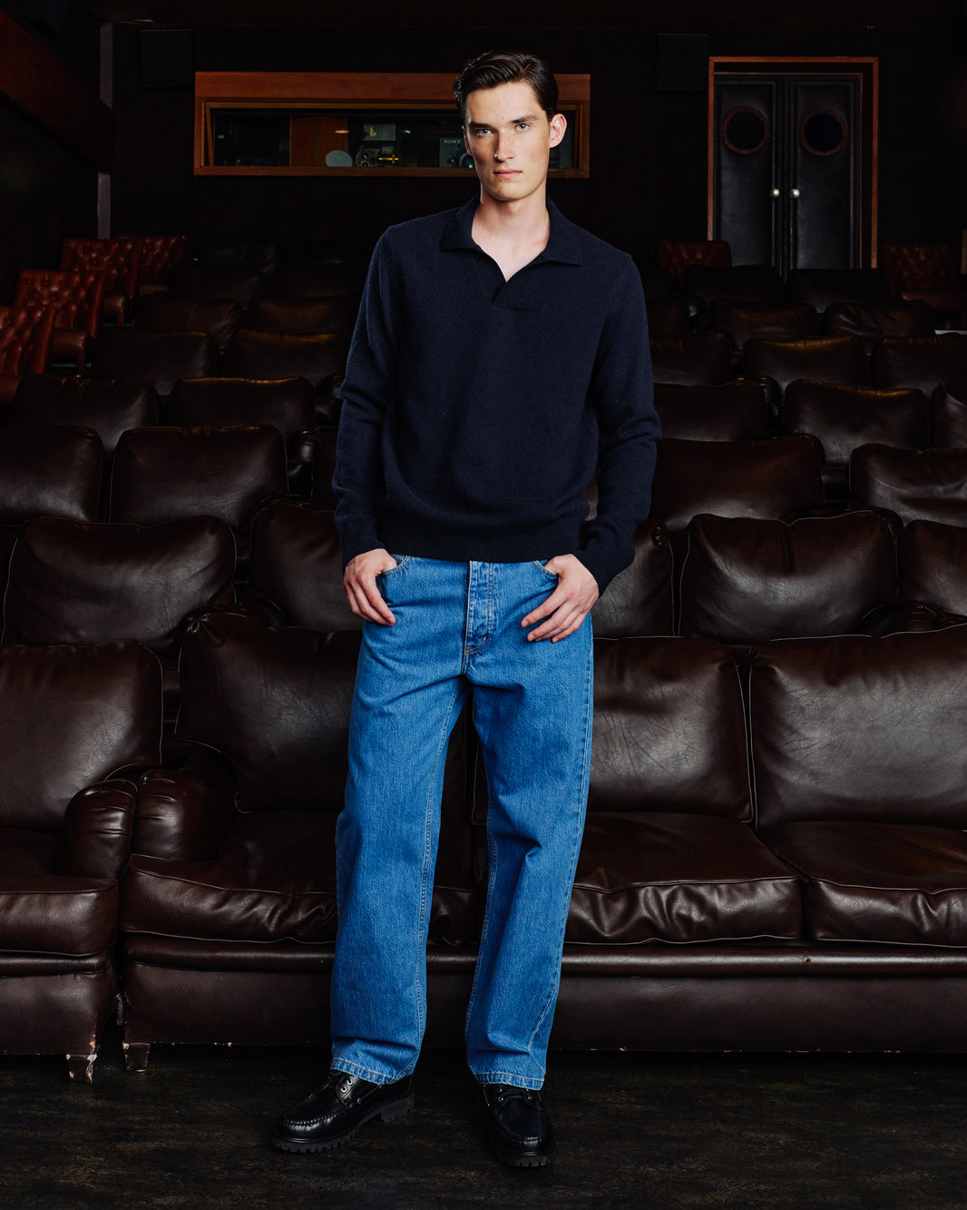 Pull col polo en laine mérinos extrafine marine