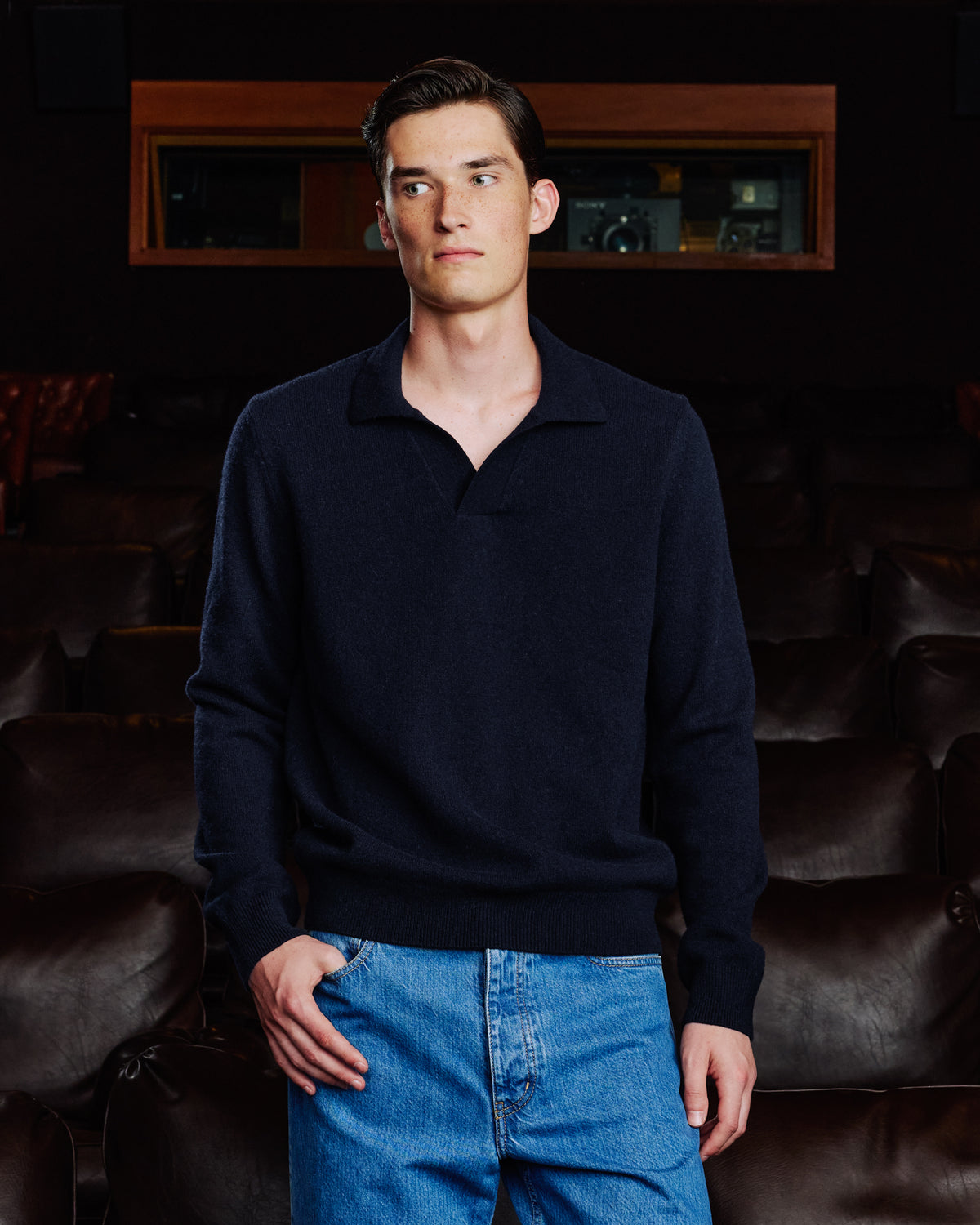 Polo shirt collar jumper in navy extrafine merino wool