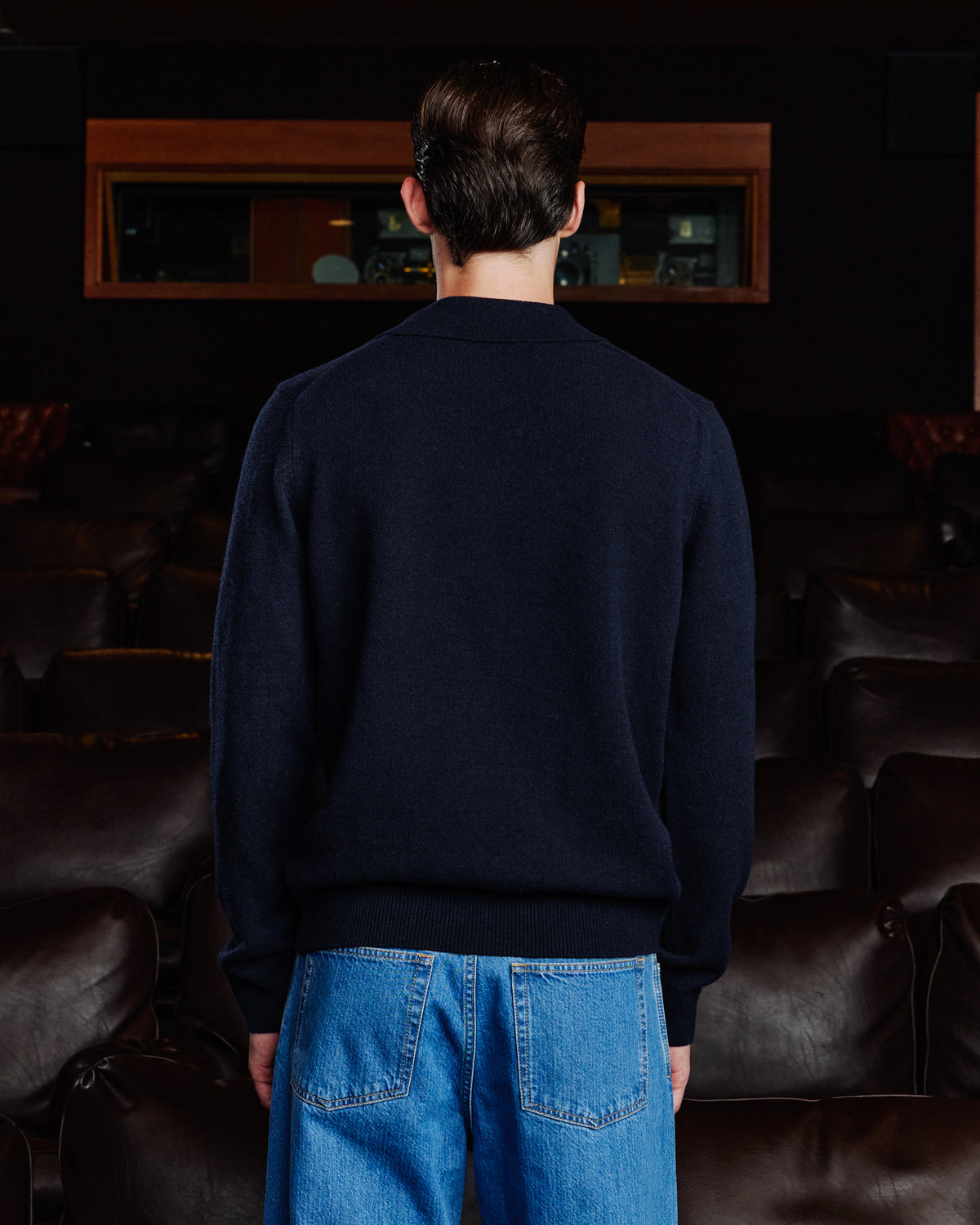 Polo shirt collar jumper in navy extrafine merino wool