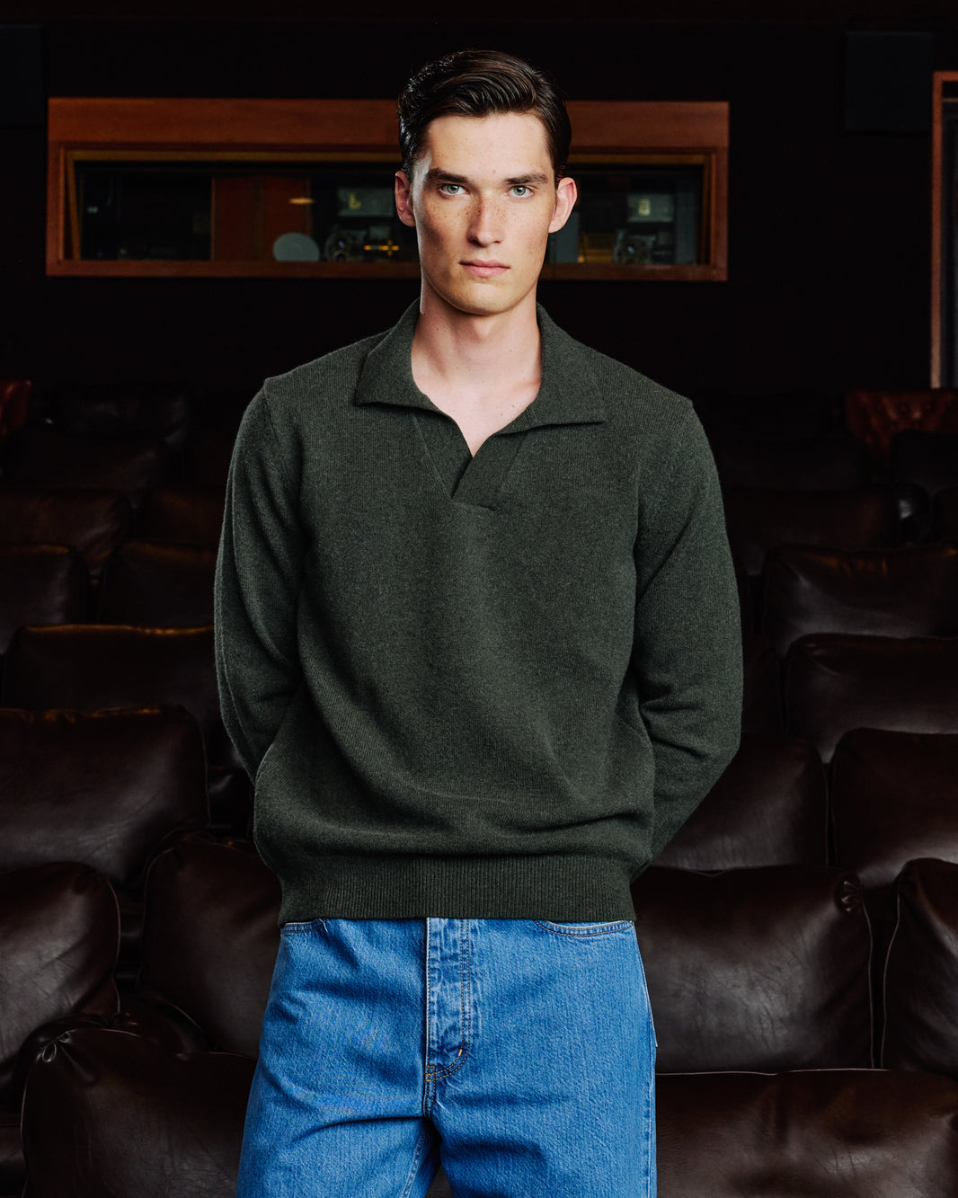 Pull col polo en laine mérinos extrafine vert