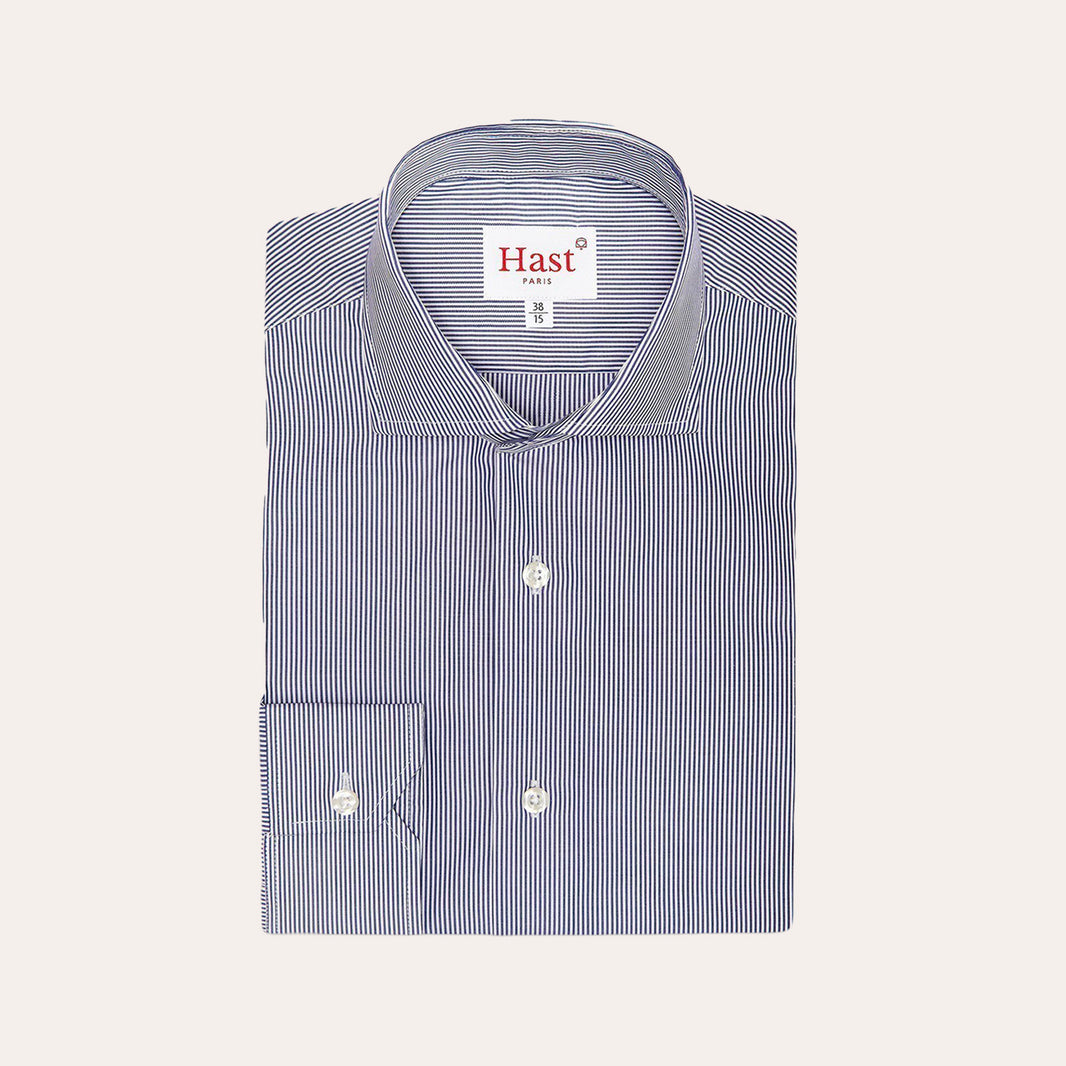 Fitted shirt in double-twisted poplin with small dark blue stripes