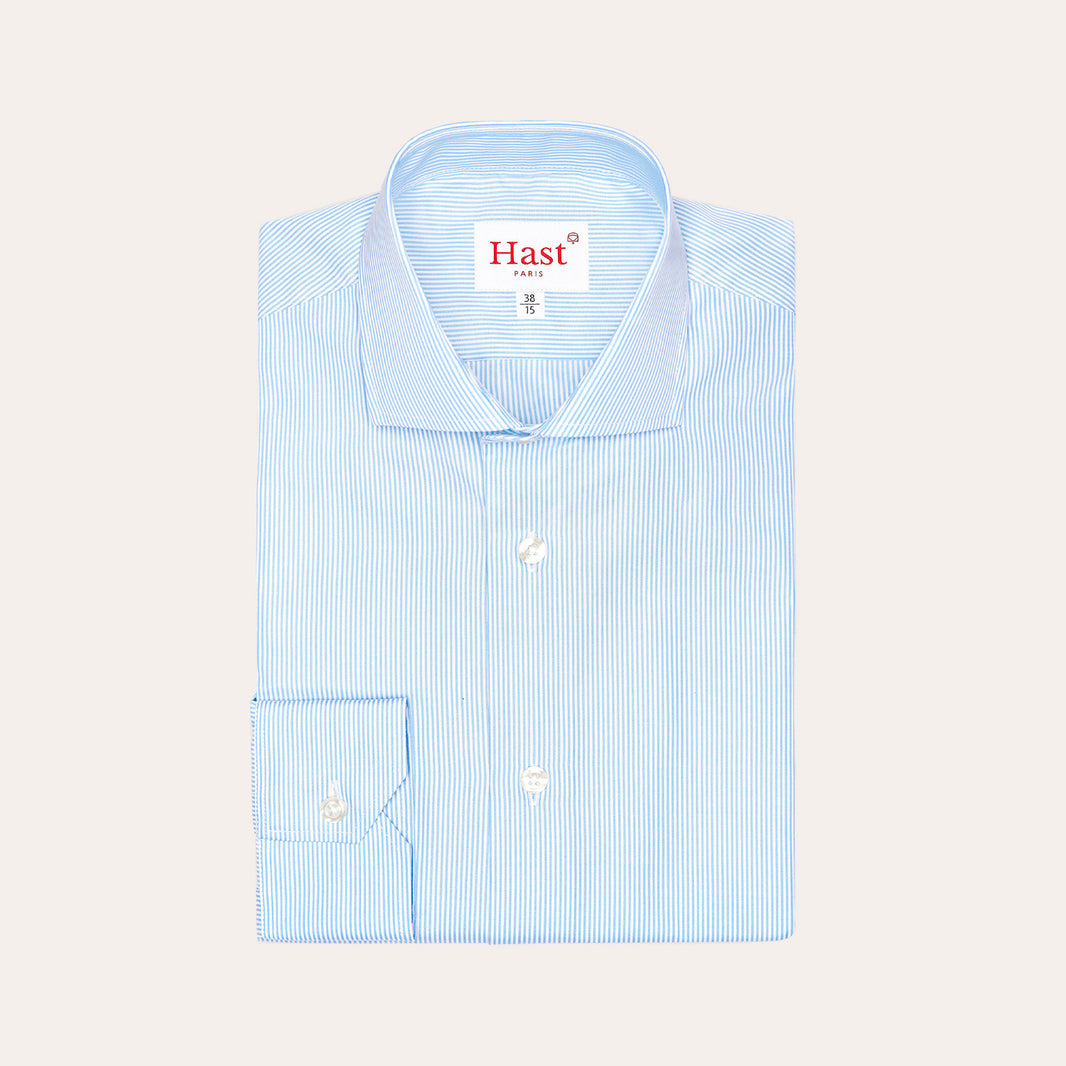 Double-twisted poplin shirt with small sky blue stripes