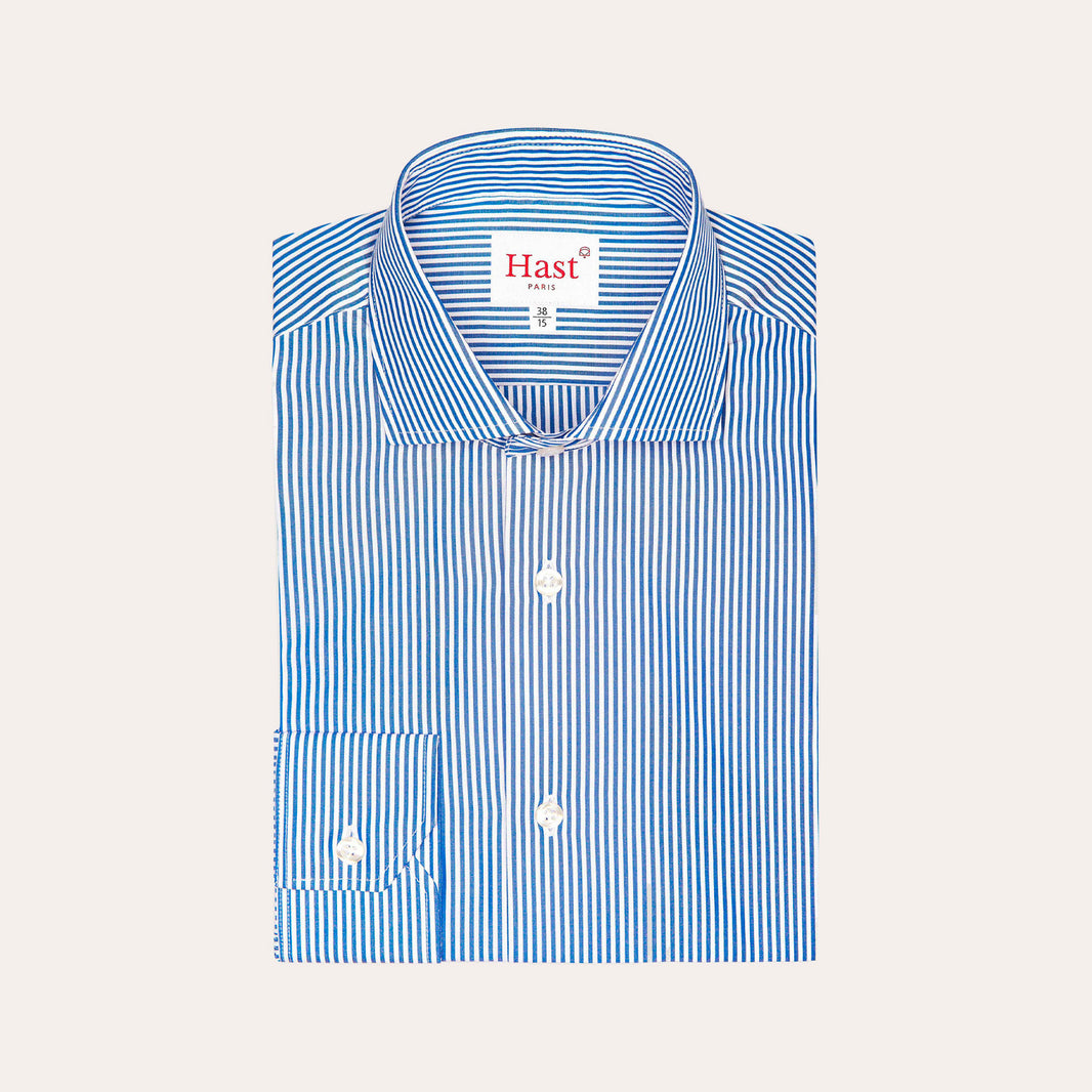 Fitted shirt in double-twisted poplin with dark blue stripes