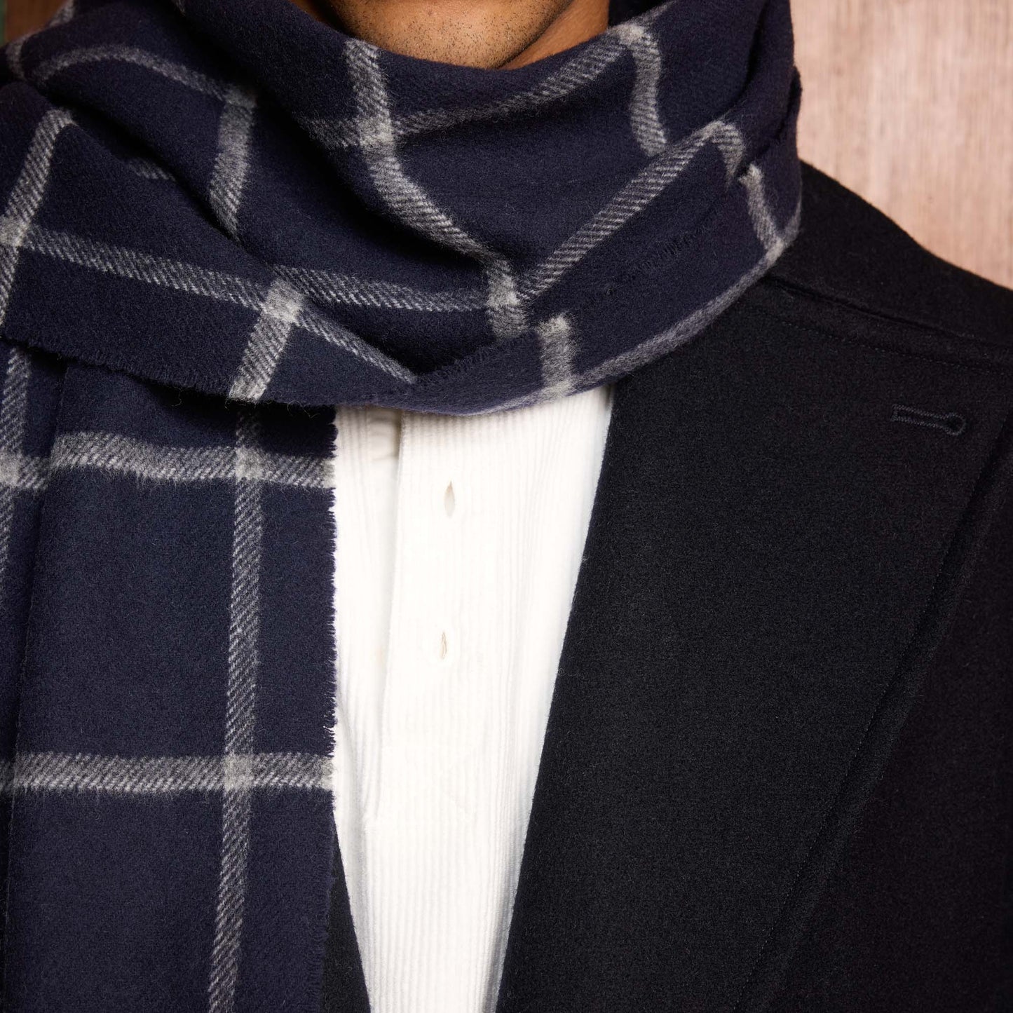 Navy plaid virgin wool scarf