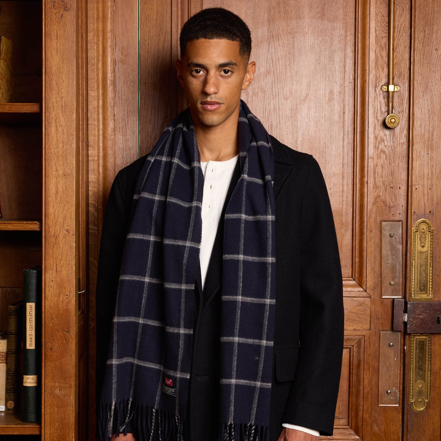 Navy plaid virgin wool scarf