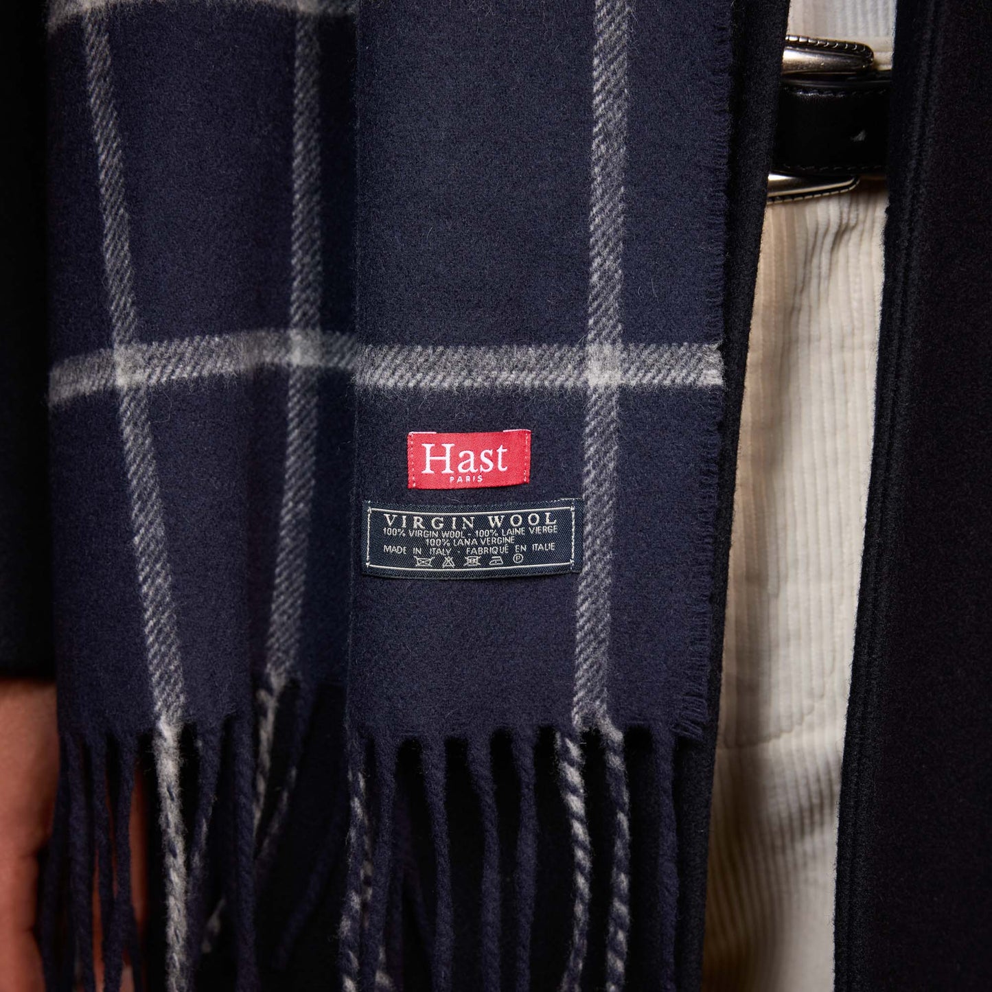 Navy plaid virgin wool scarf