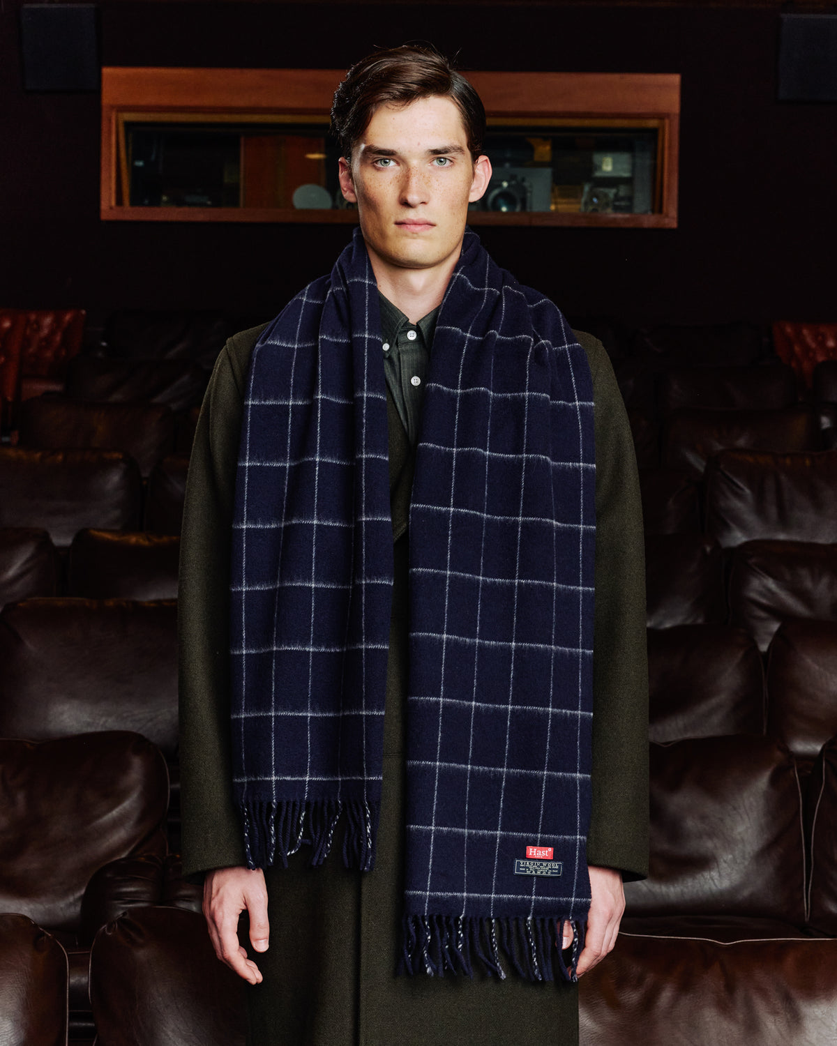Navy check virgin wool scarf