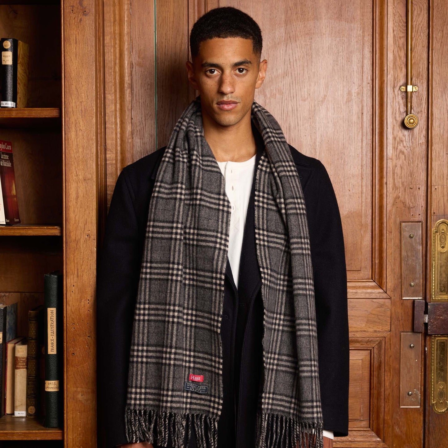 Grey checked virgin wool scarf