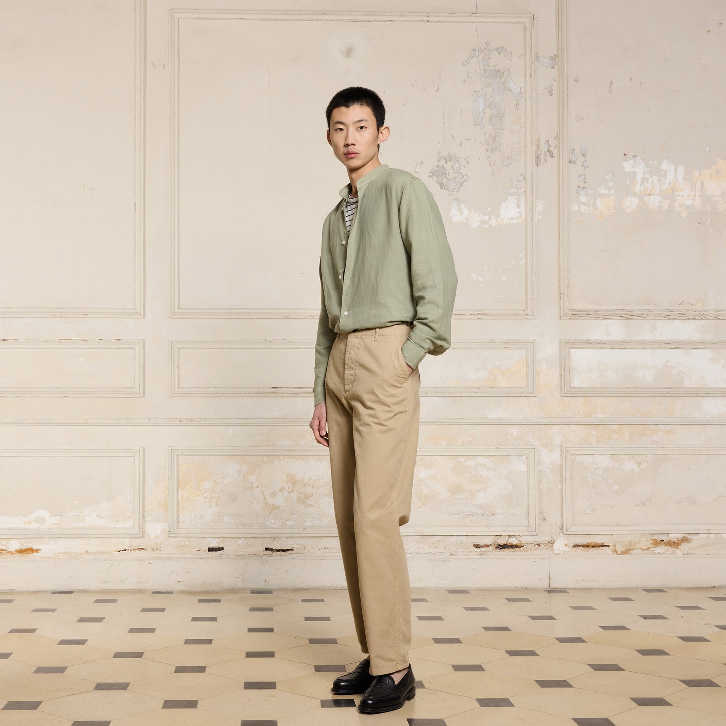 Chemise en coton et lin vert sauge