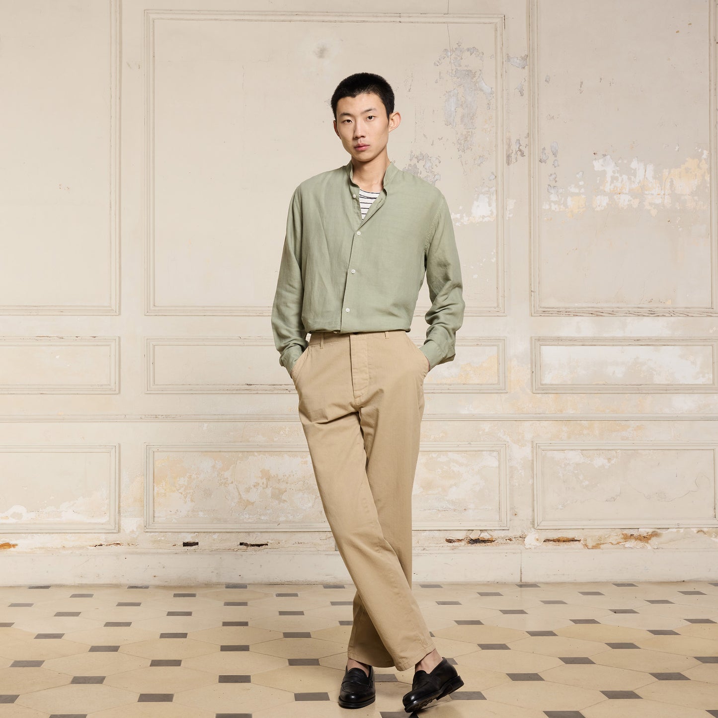 Chemise en coton et lin vert sauge