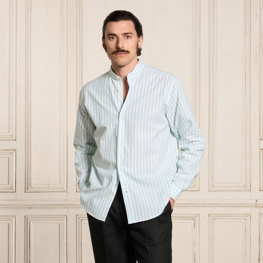 Chemise en coton et lin à rayures turquoise