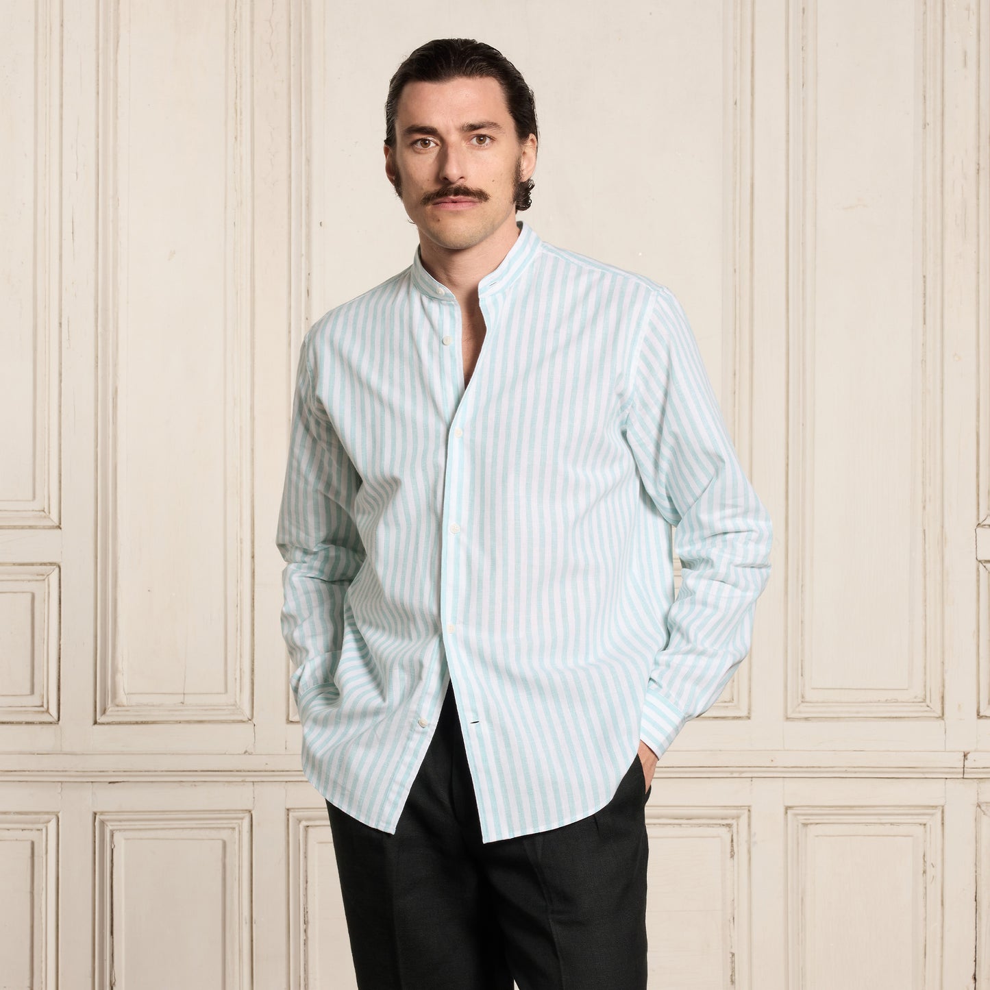 Turquoise striped cotton and linen shirt