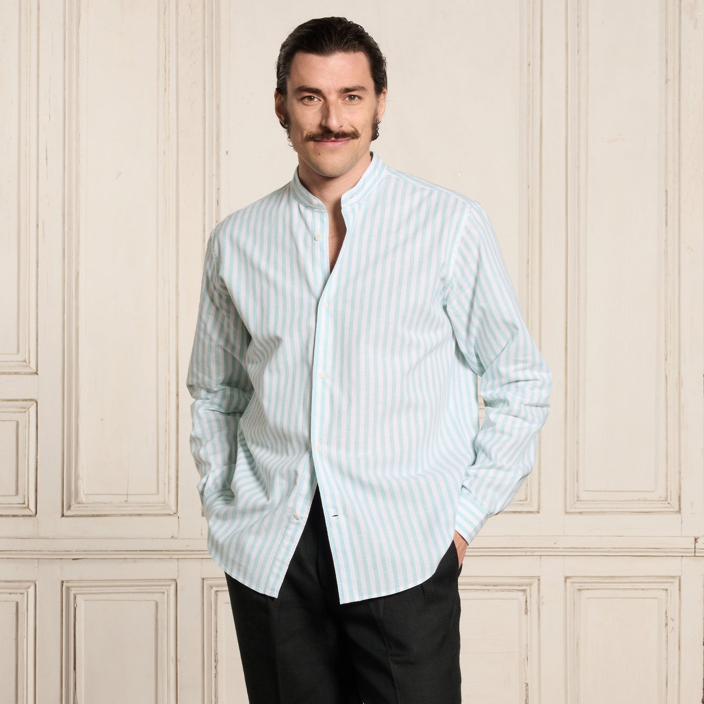 Turquoise striped cotton and linen shirt