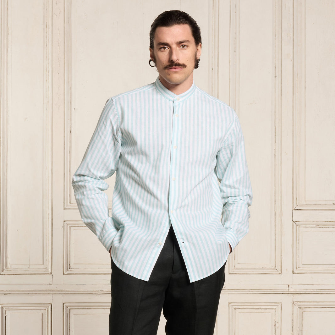 Turquoise striped cotton and linen shirt