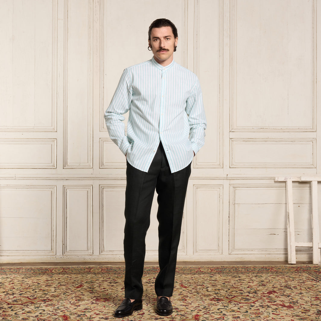 Chemise en coton et lin à rayures turquoise