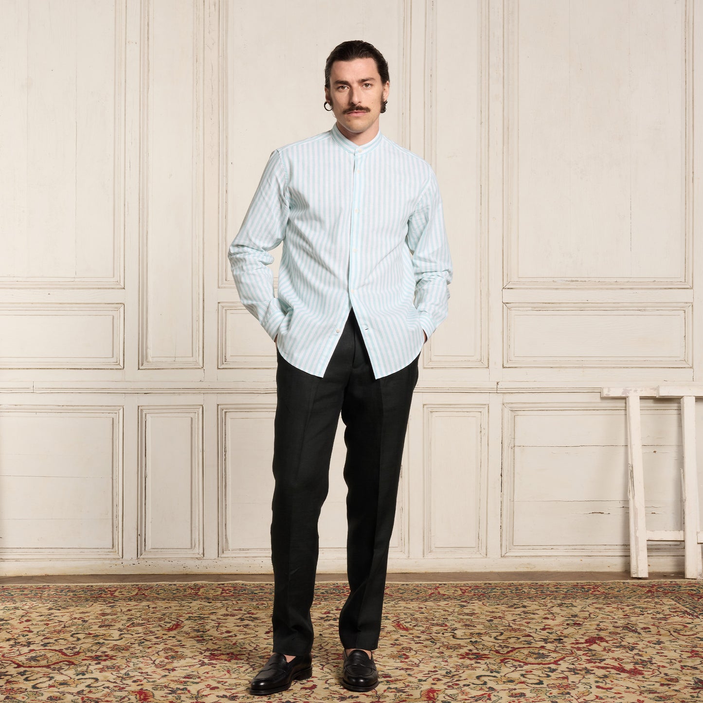 Turquoise striped cotton and linen shirt