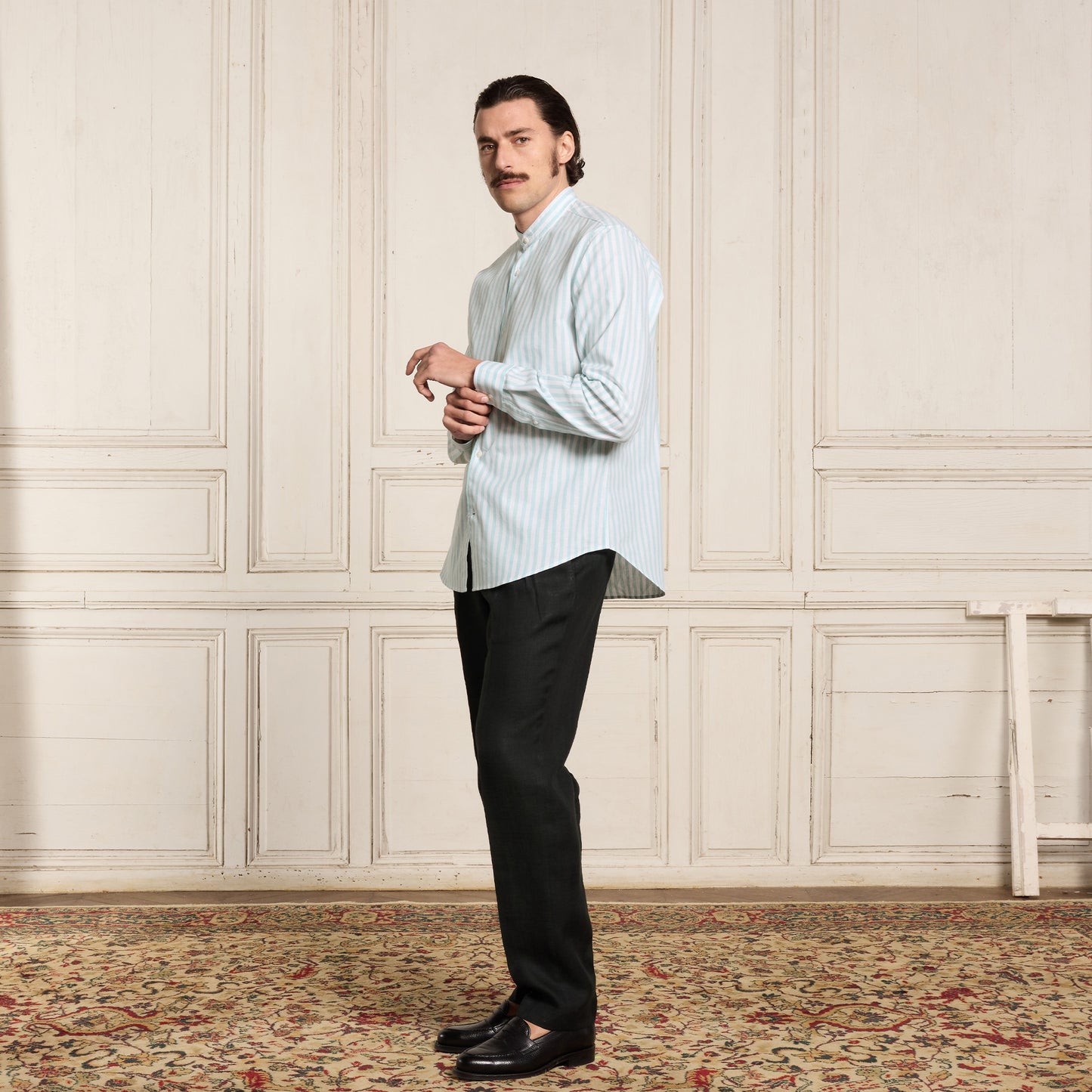 Turquoise striped cotton and linen shirt