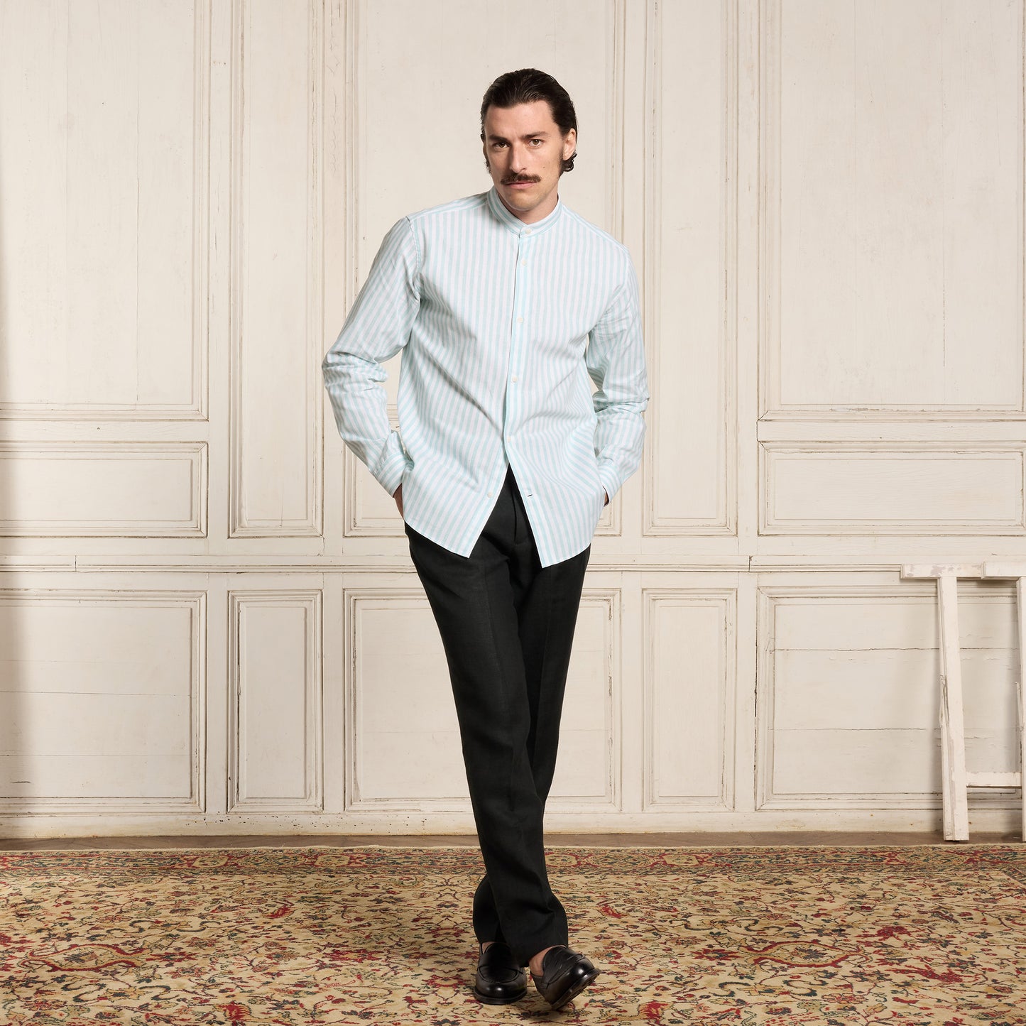 Turquoise striped cotton and linen shirt