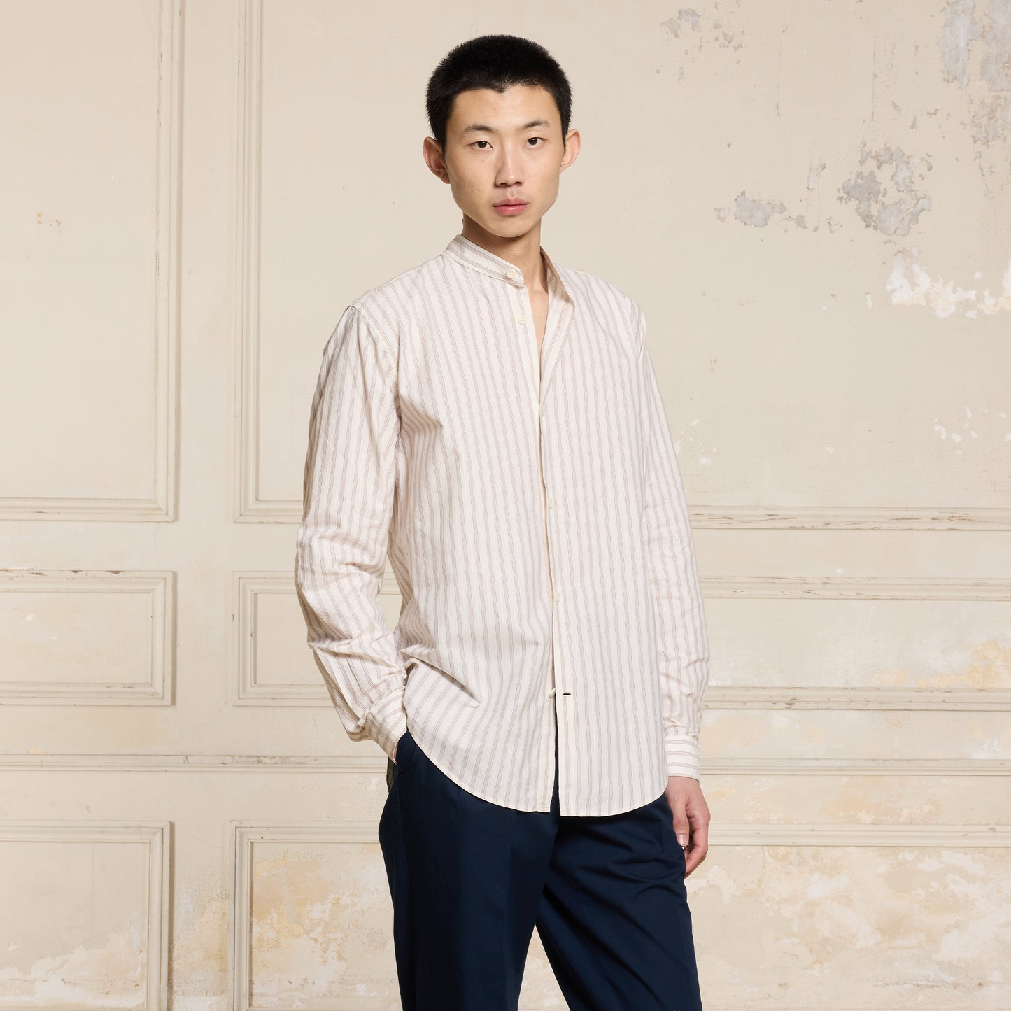 Ecru striped Giza cotton shirt