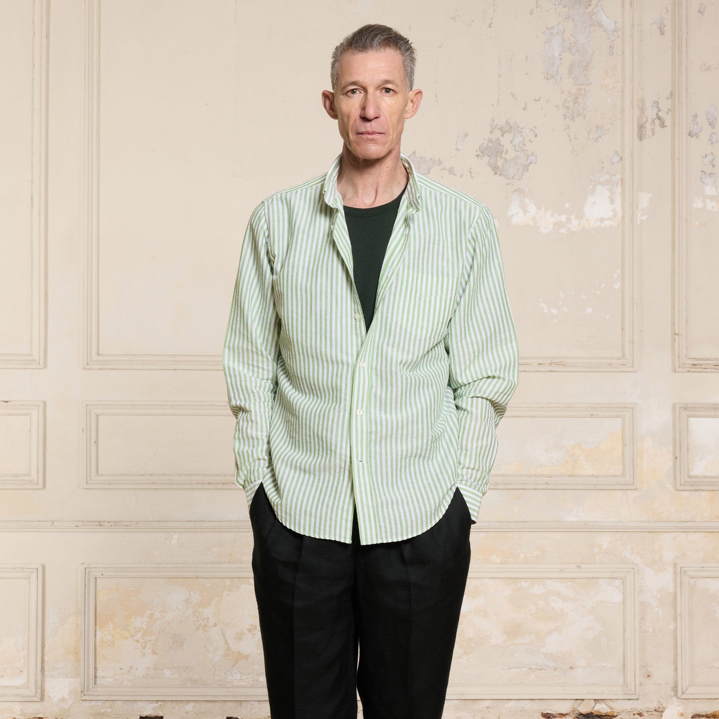 Green and white striped cotton and linen shirt