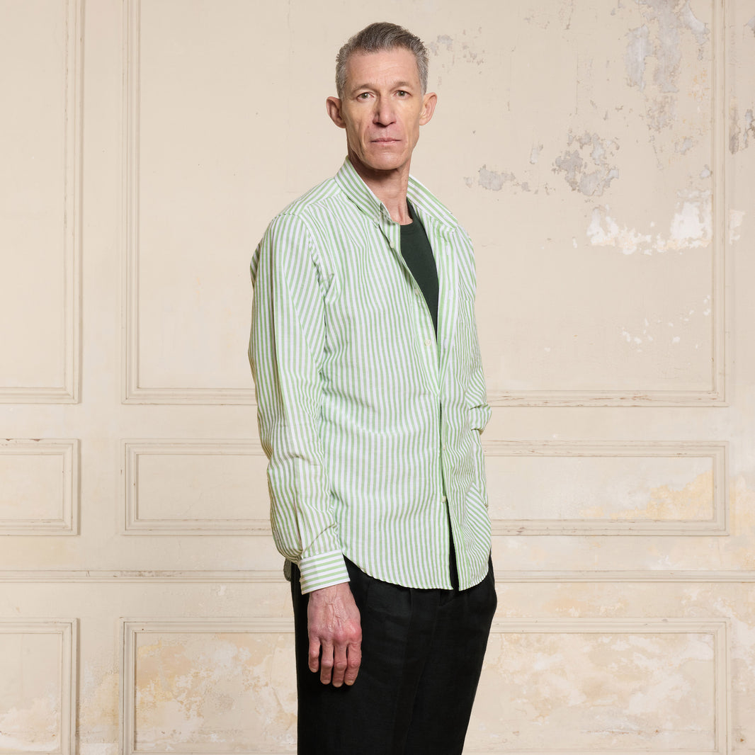 Chemise en coton et lin à rayures vertes et blanches