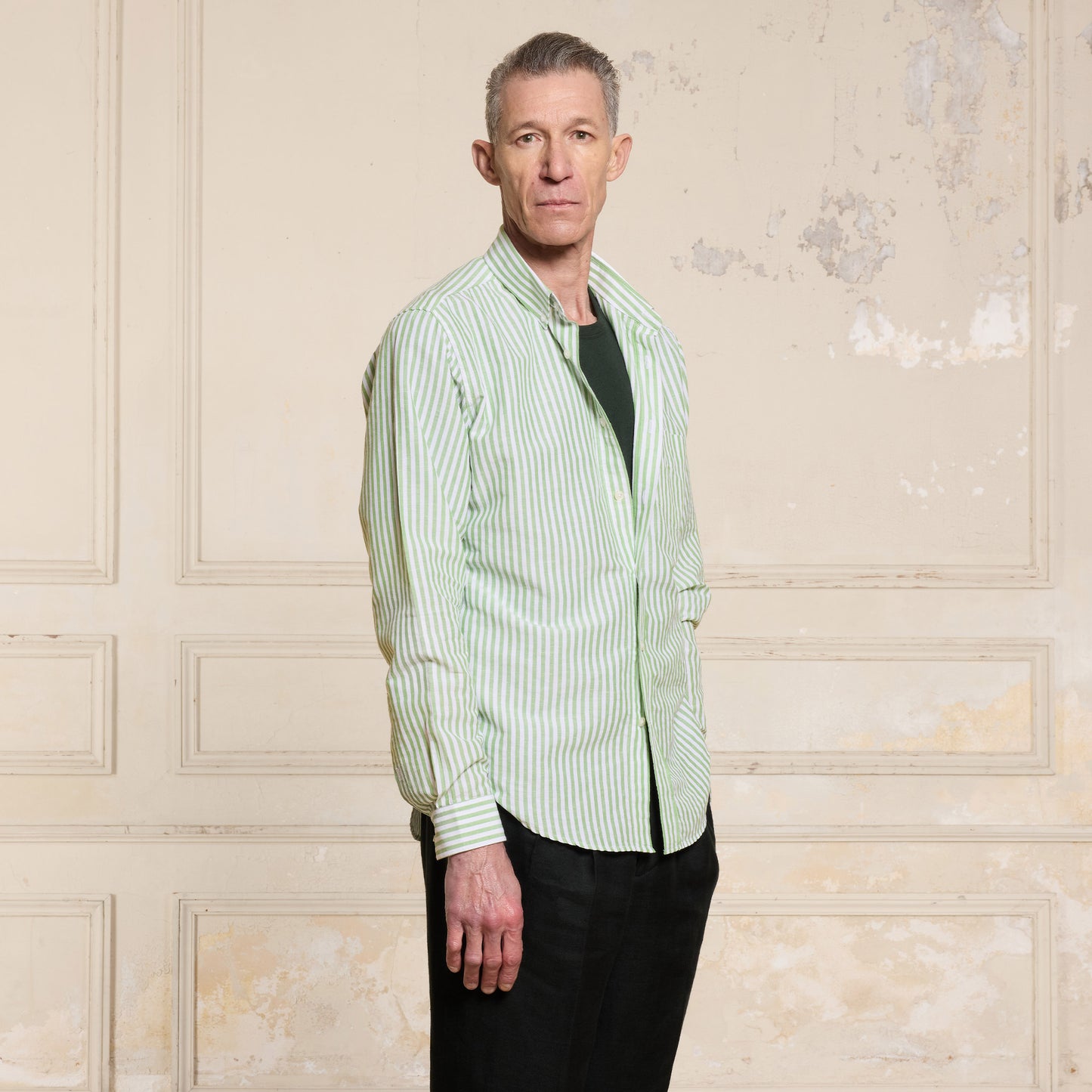 Green and white striped cotton and linen shirt