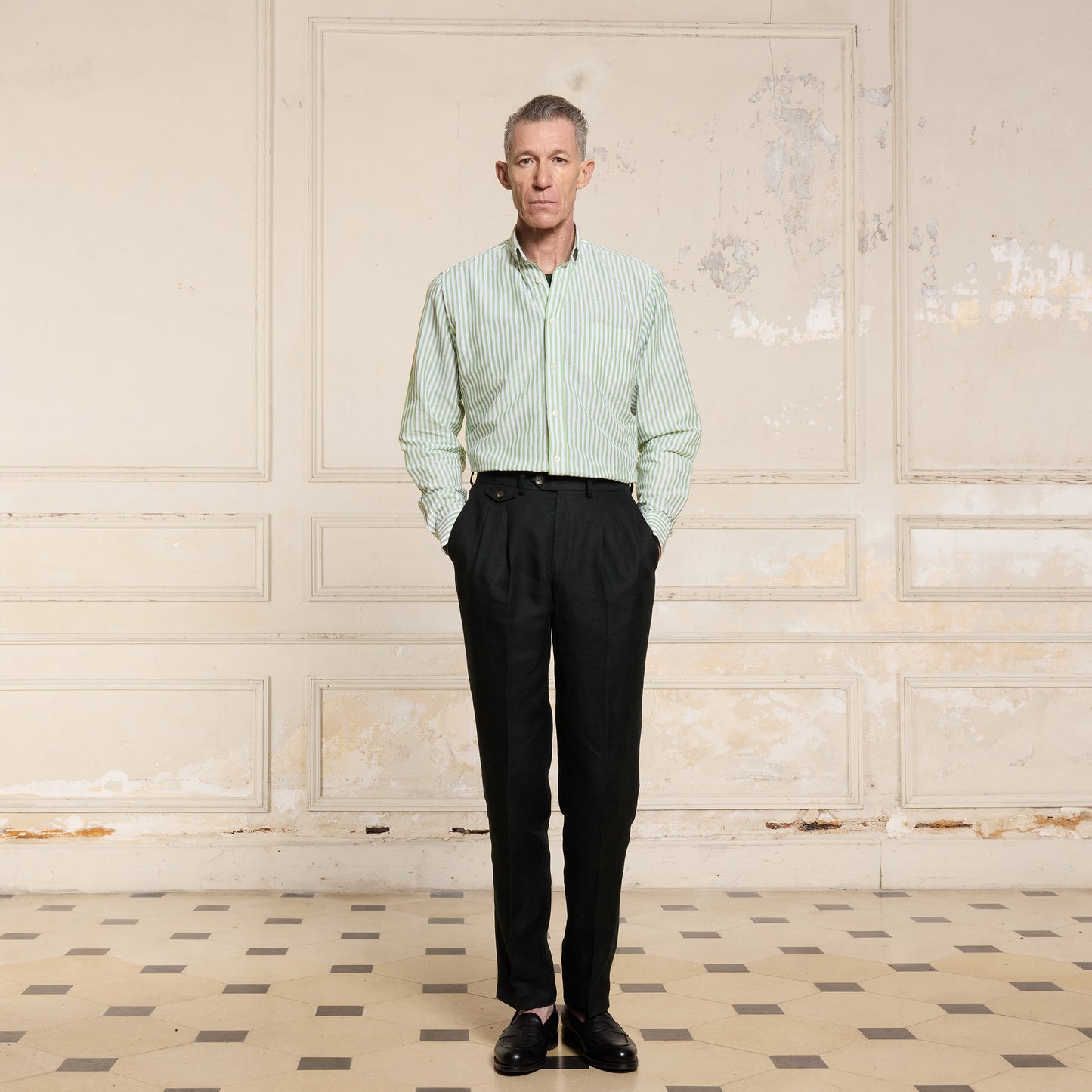 Green and white striped cotton and linen shirt