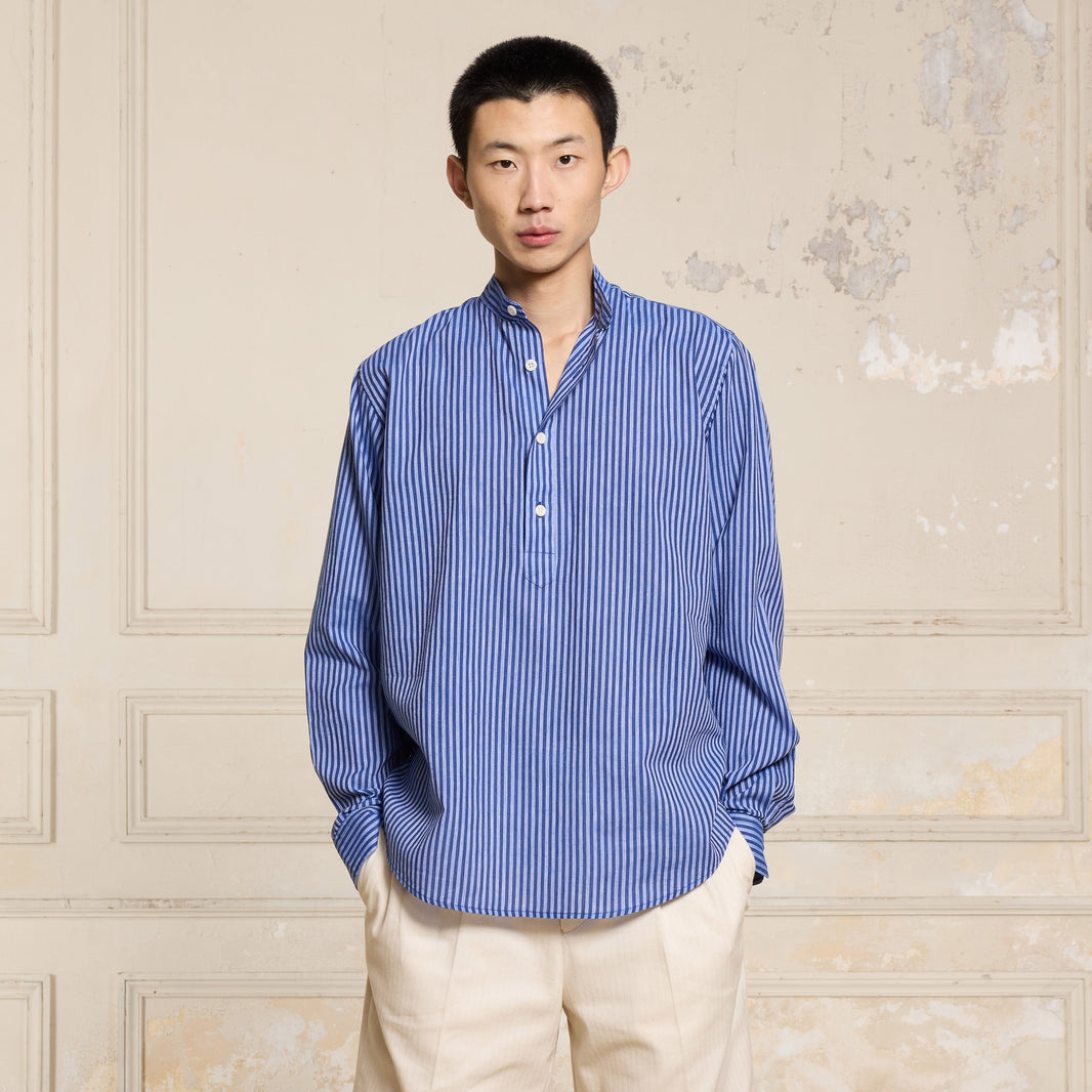 Chemise popover en lin et coton marine à rayures bleues