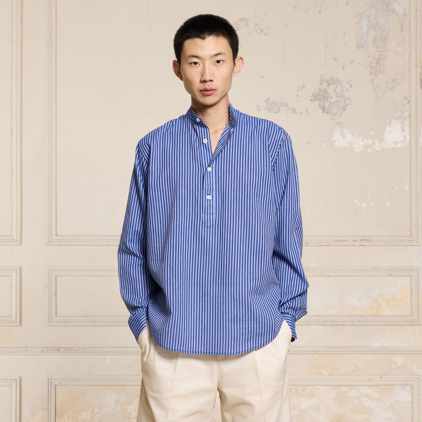 Navy linen and cotton popover shirt with blue stripes