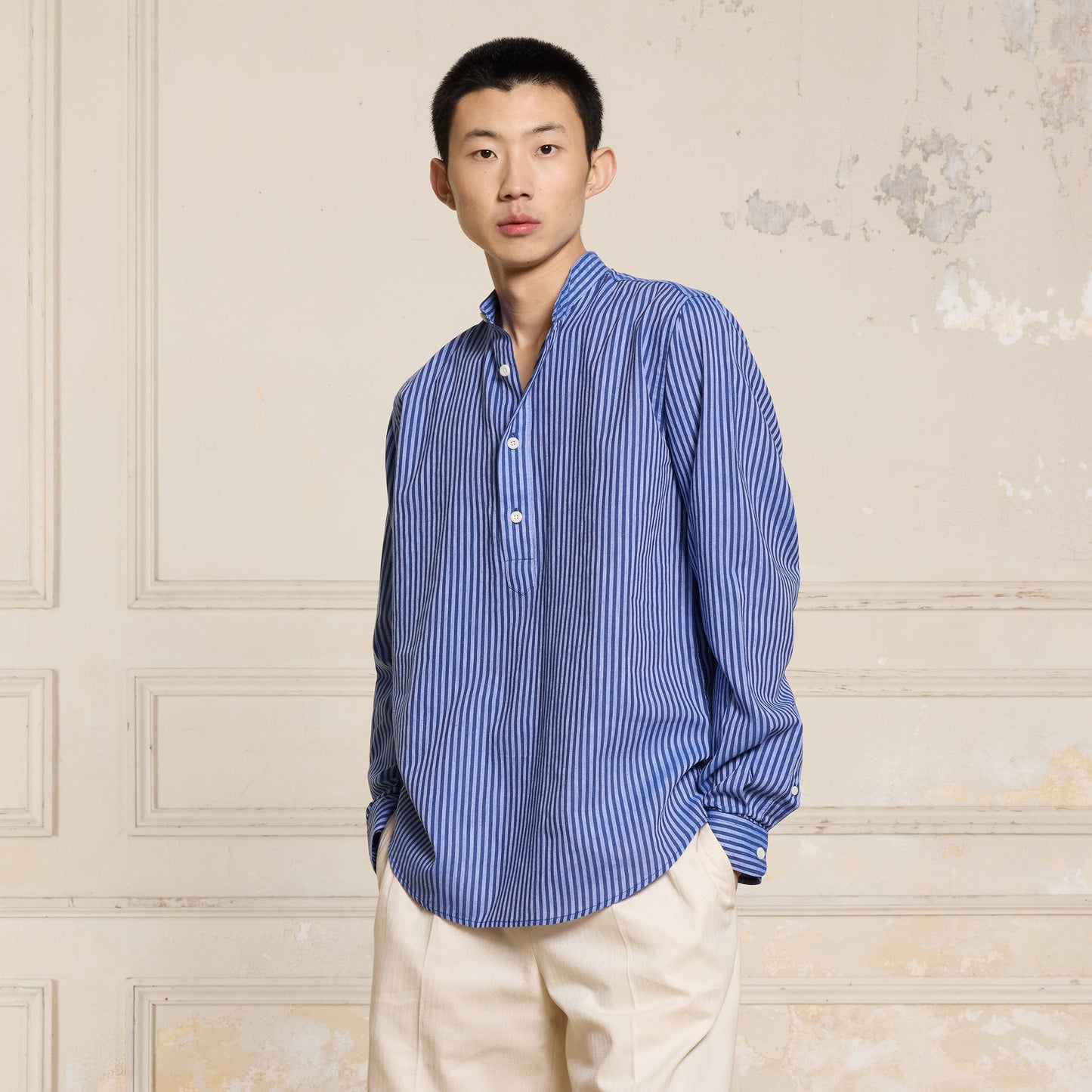 Navy linen and cotton popover shirt with blue stripes