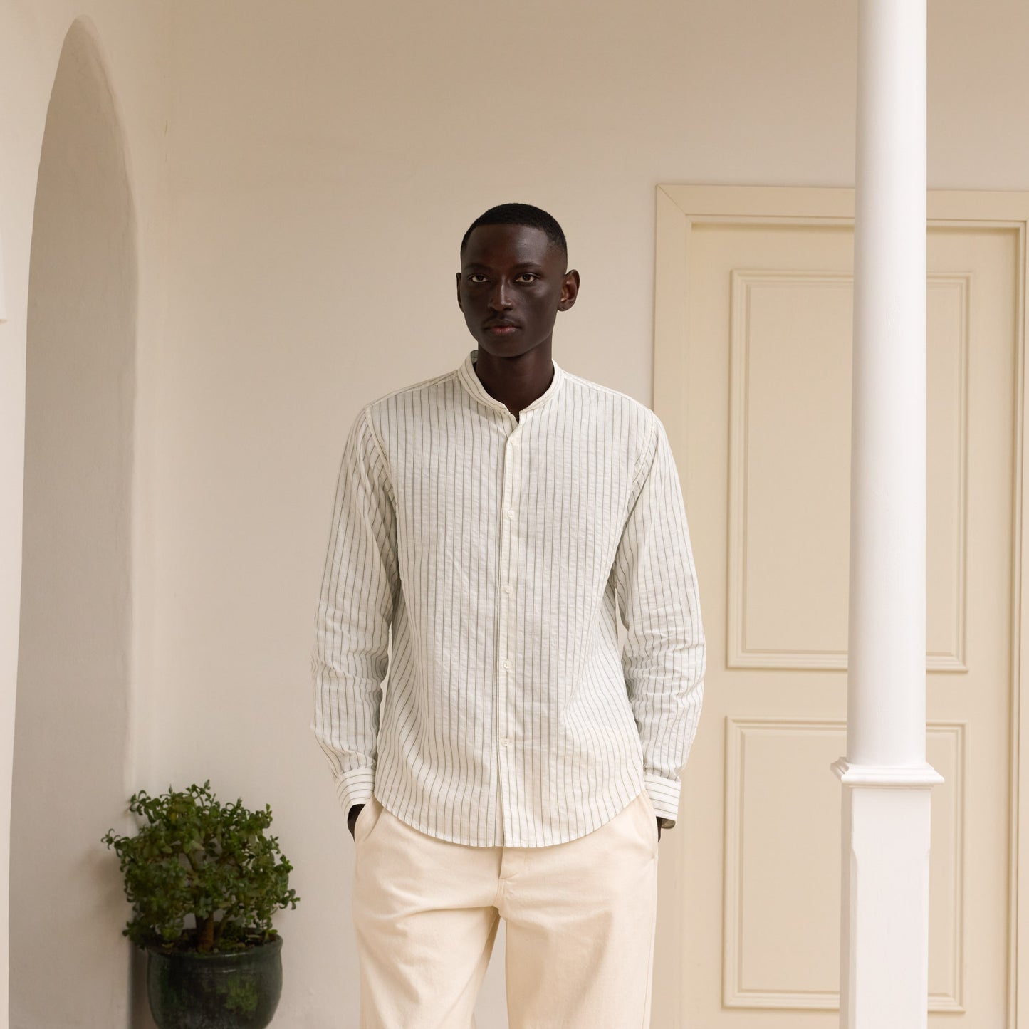 Ecru seersucker shirt with green stripes