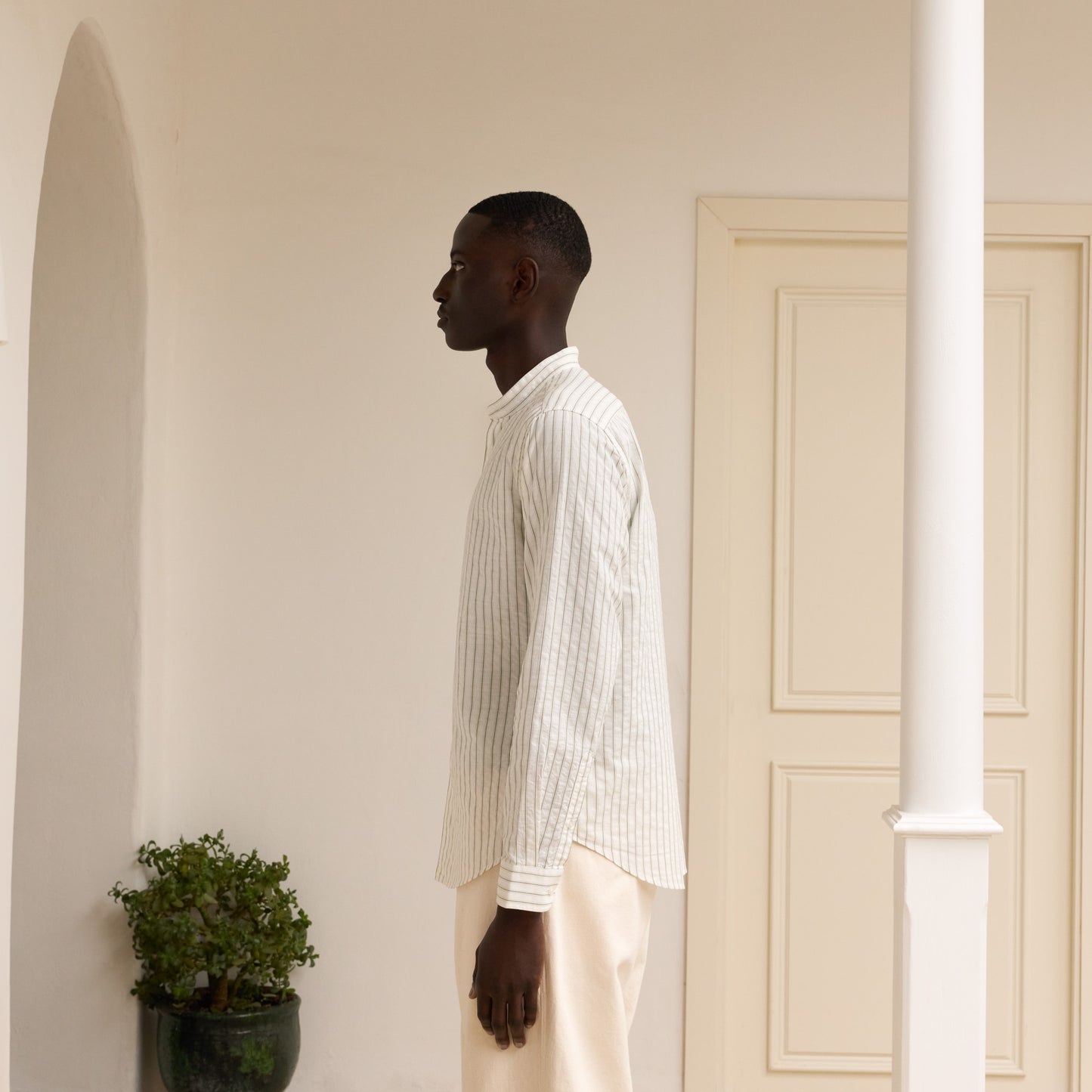 Ecru seersucker shirt with green stripes