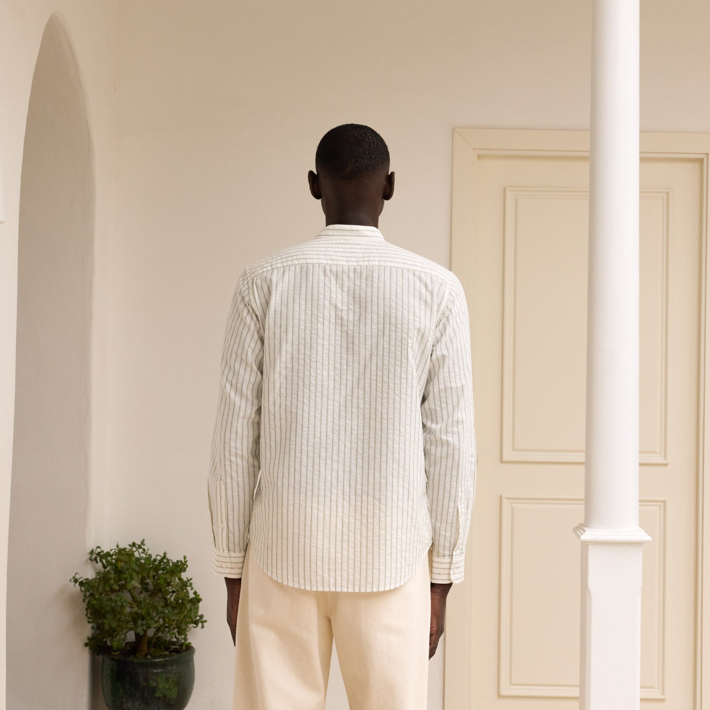 Ecru seersucker shirt with green stripes