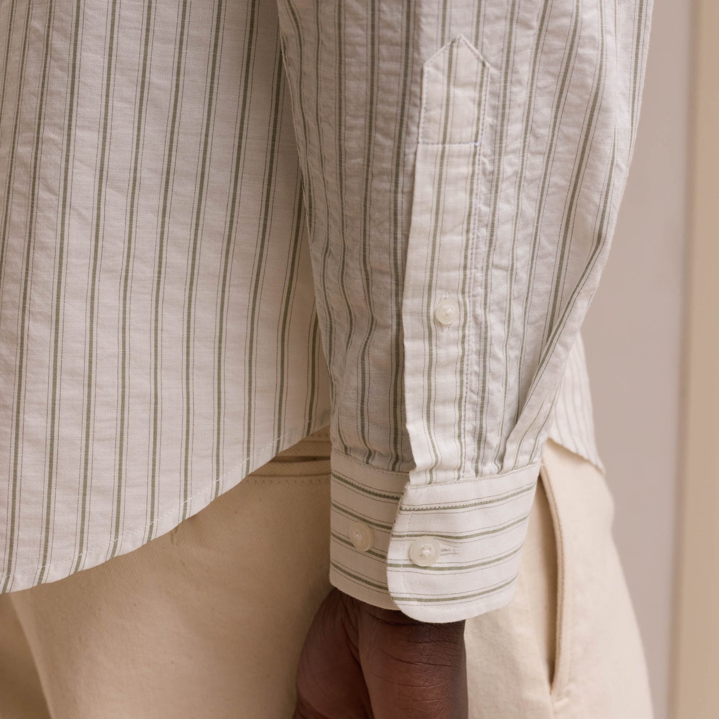 Ecru seersucker shirt with green stripes